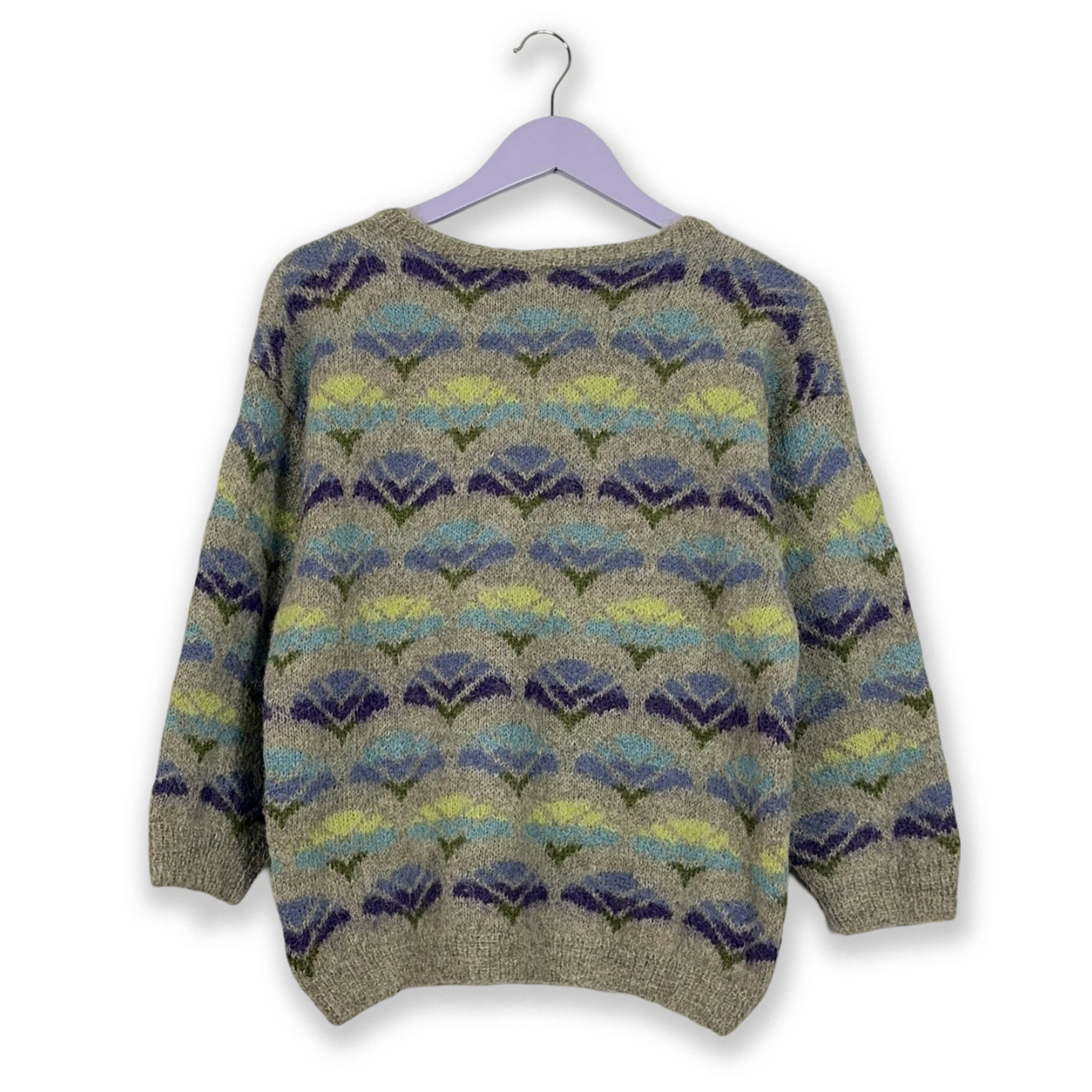 Vintage Grey and Blue Patterned Crew Neck Sweater 100% Wool - Size M/L Women