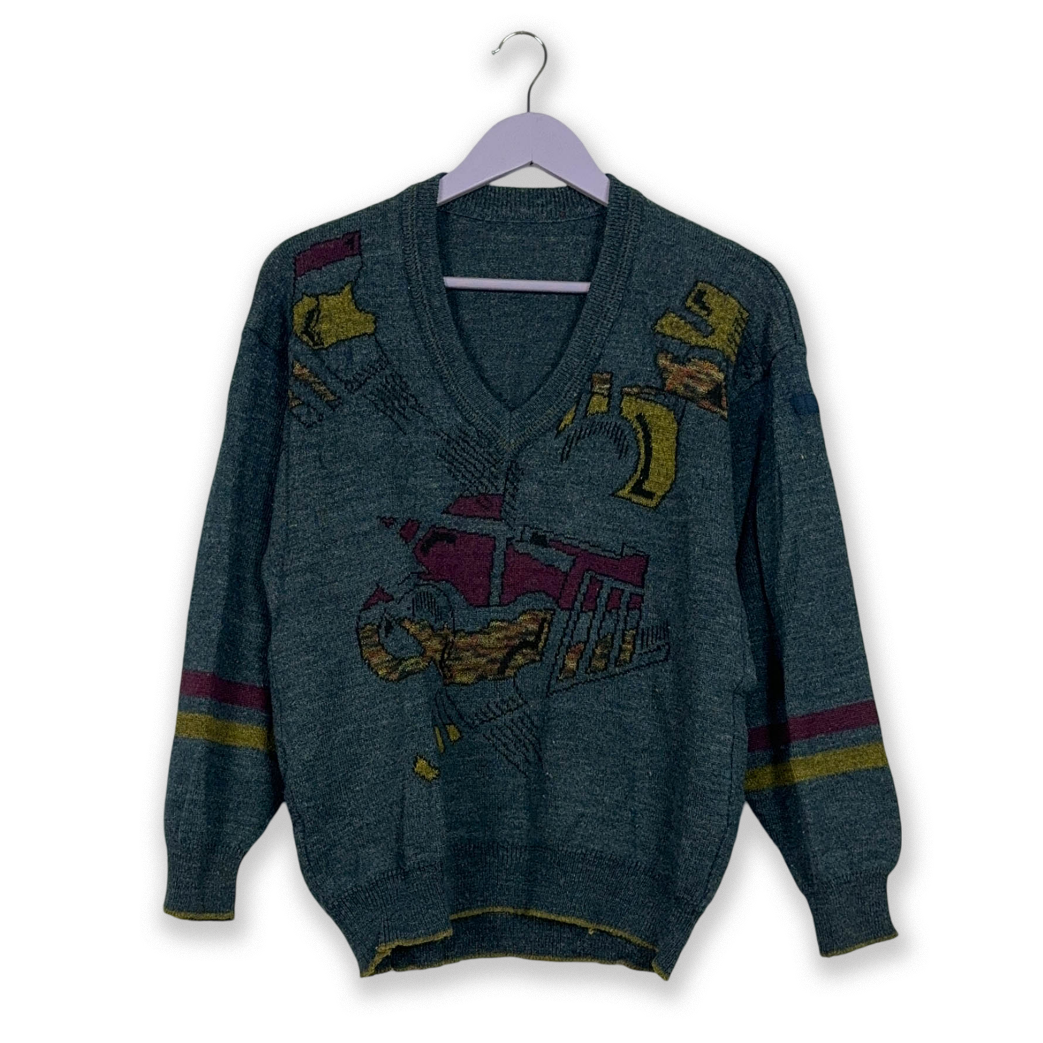 Vintage Blue V-Neck Design Sweater - Size 48 Men