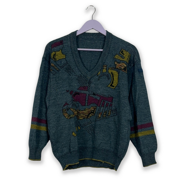 Vintage Blue V-Neck Design Sweater - Size 48 Men