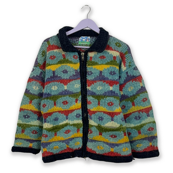 Frantic Vintage 100% Wool Sweater Made in Ecuador with Multi-Color Pattern and Zip - Size M