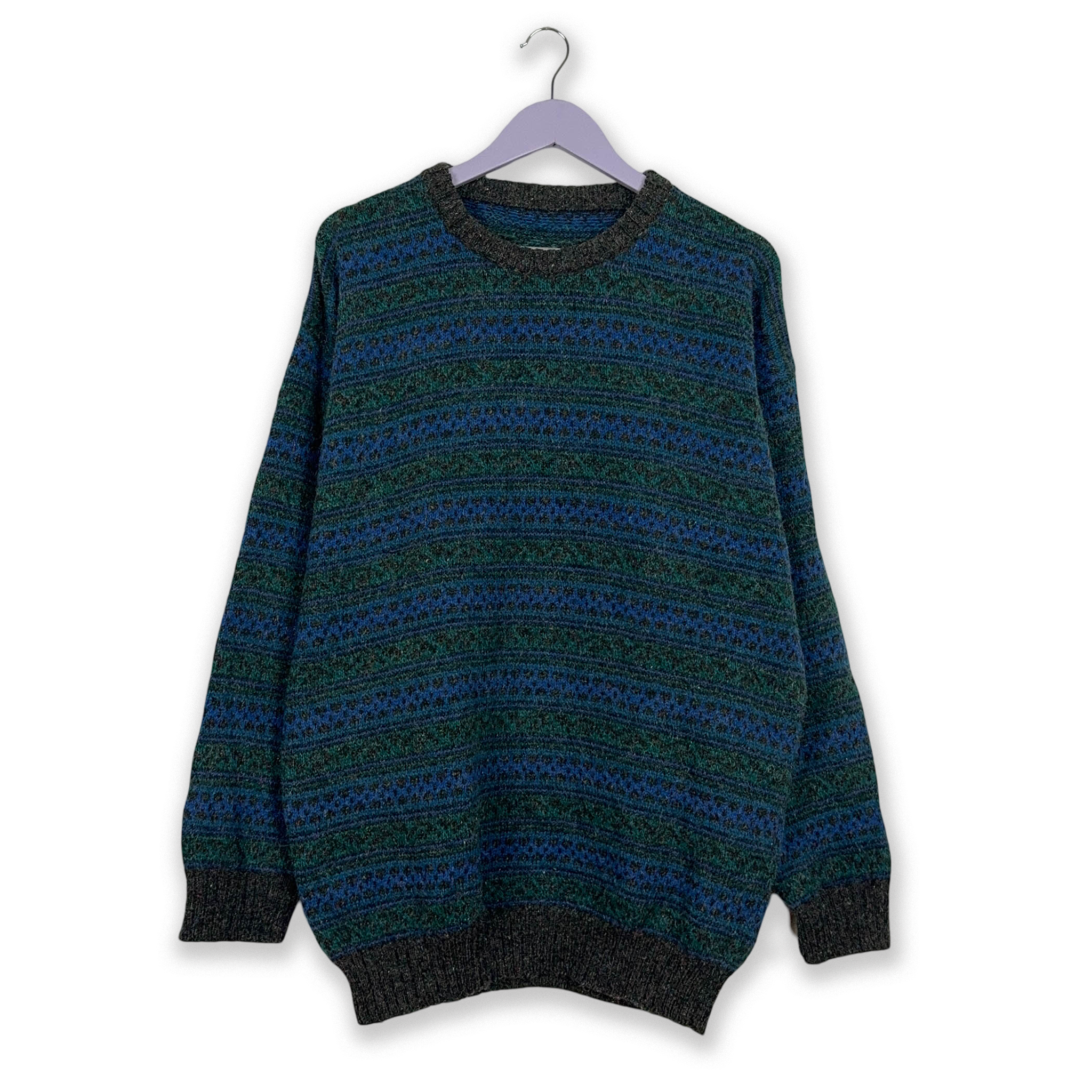 Vintage 70% Wool Blue and Green Crewneck Sweater - Size L/XL Men