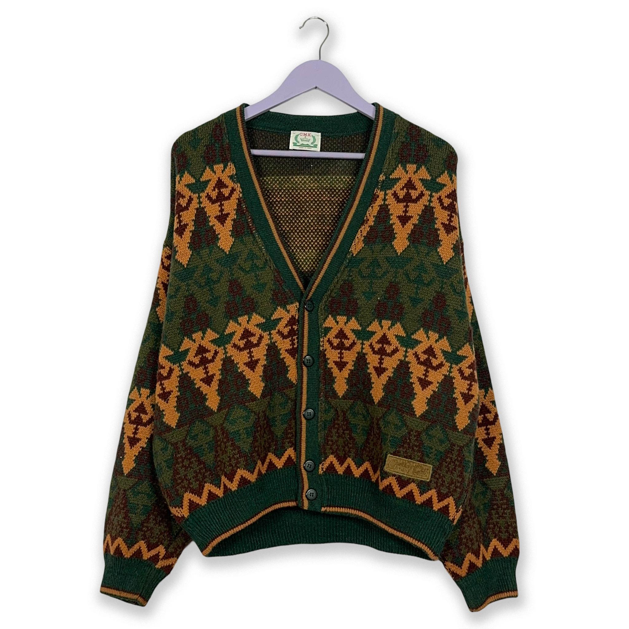 Vintage Green and Orange Geometric Pattern Button Up Cardigan - Size L/XL Men