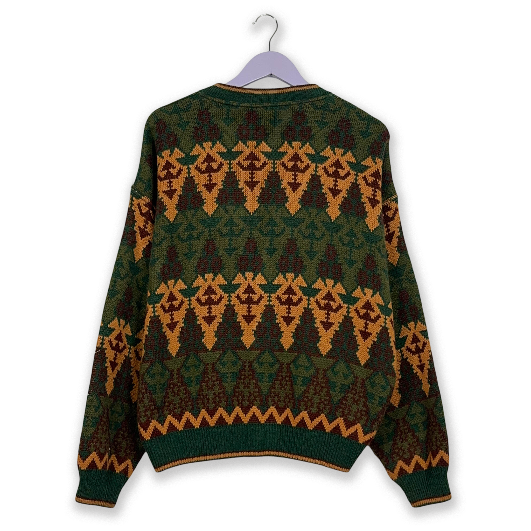 Vintage Green and Orange Geometric Pattern Button Up Cardigan - Size L/XL Men