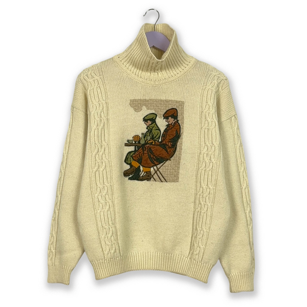 Vintage 50% wool cream turtleneck sweater with embroidery - Size M men