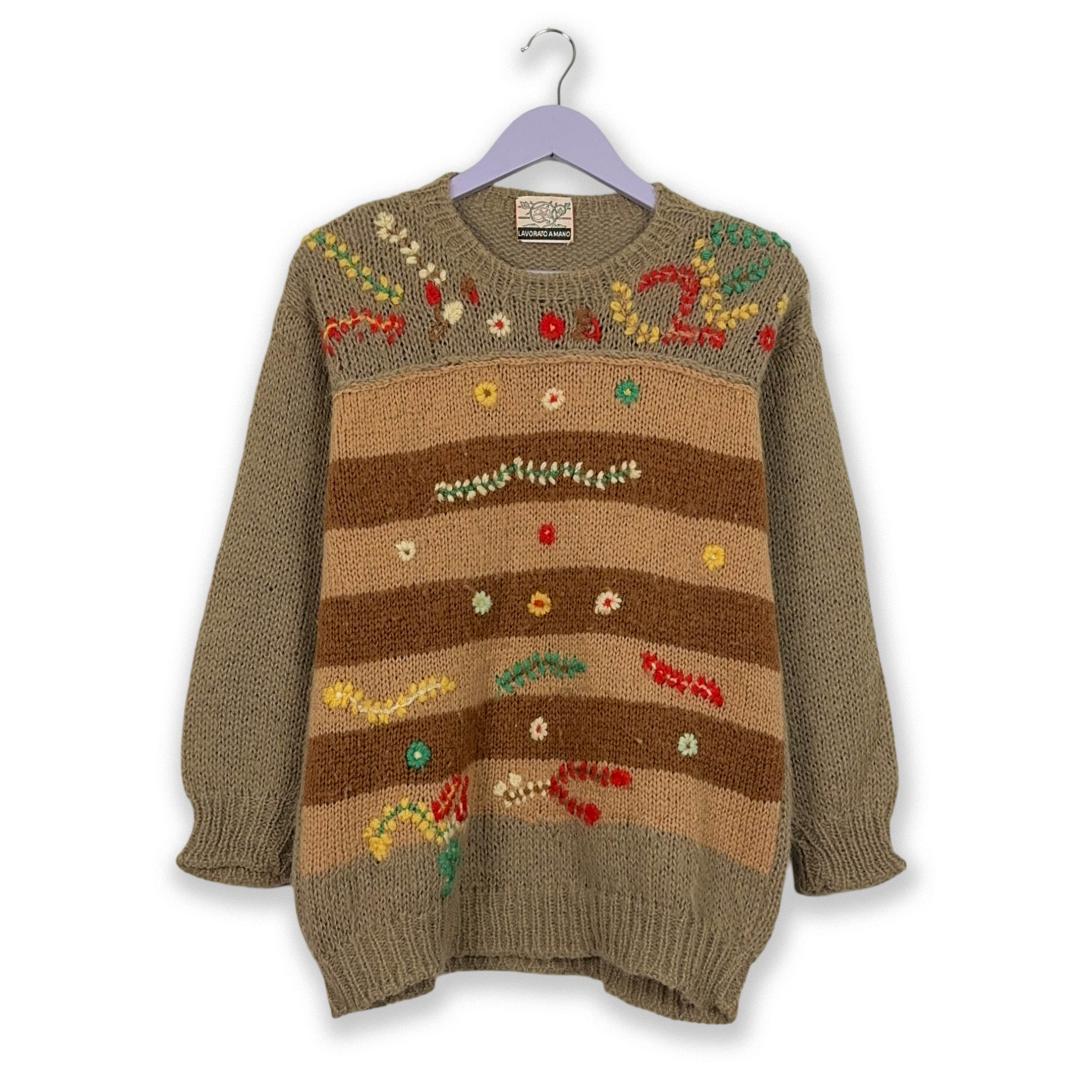 Vintage Handmade 100% Wool Brown Striped Crewneck Sweater with Embroidery - Size L Women