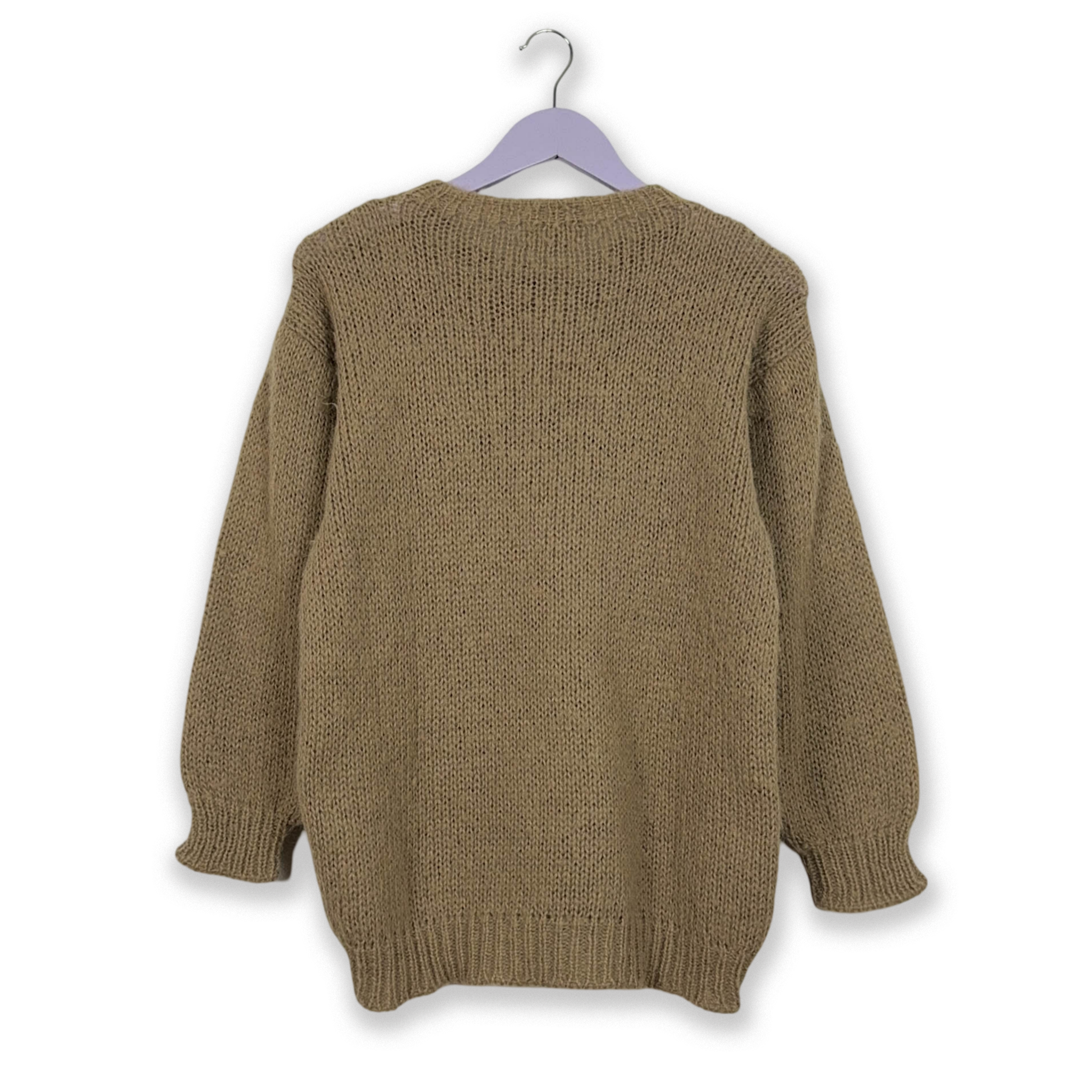 Vintage Handmade 100% Wool Brown Striped Crewneck Sweater with Embroidery - Size L Women