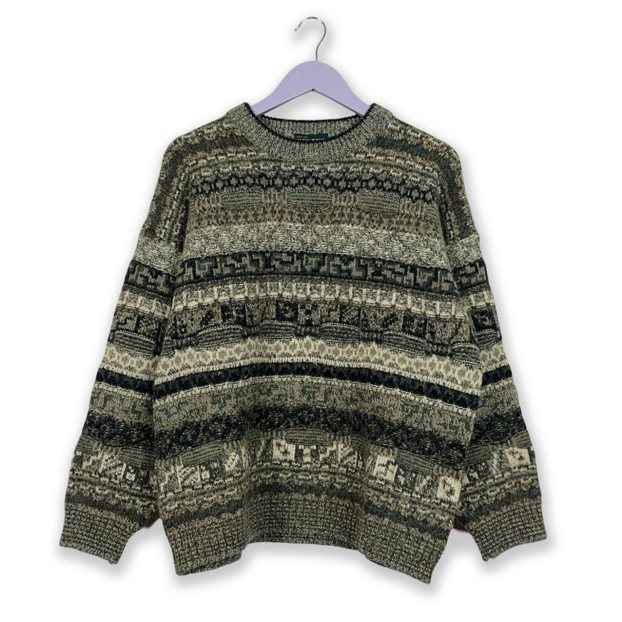 Vintage 55% wool Made in Italy sweater, grey with patterned stripes - Size L/XL men