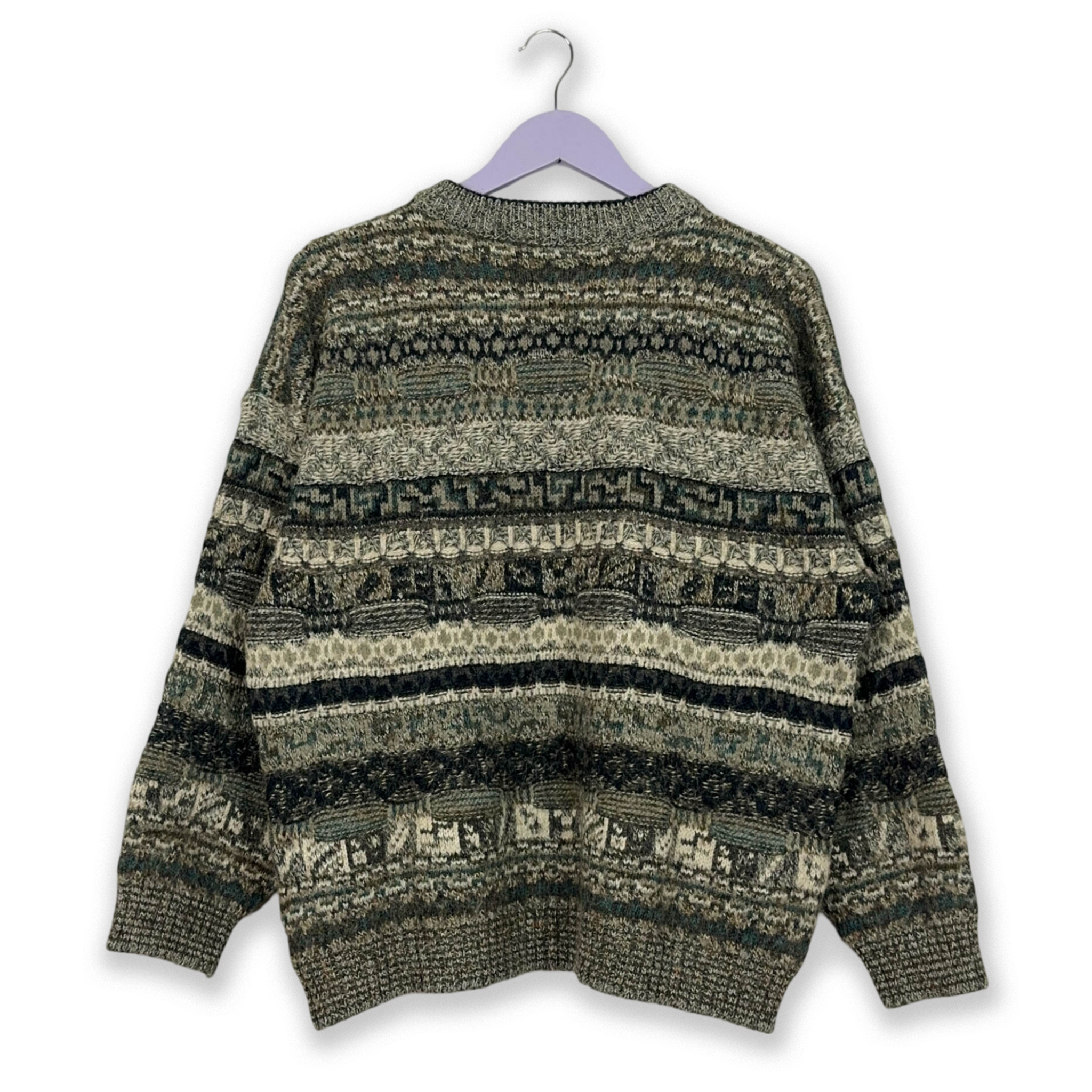 Vintage 55% wool Made in Italy sweater, grey with patterned stripes - Size L/XL men