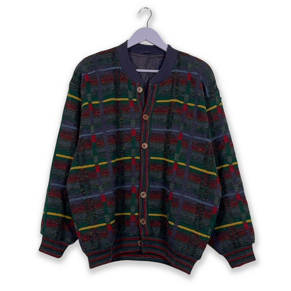 Vintage Multi-Color Checked Lined Button Up Cardigan - Size L Men