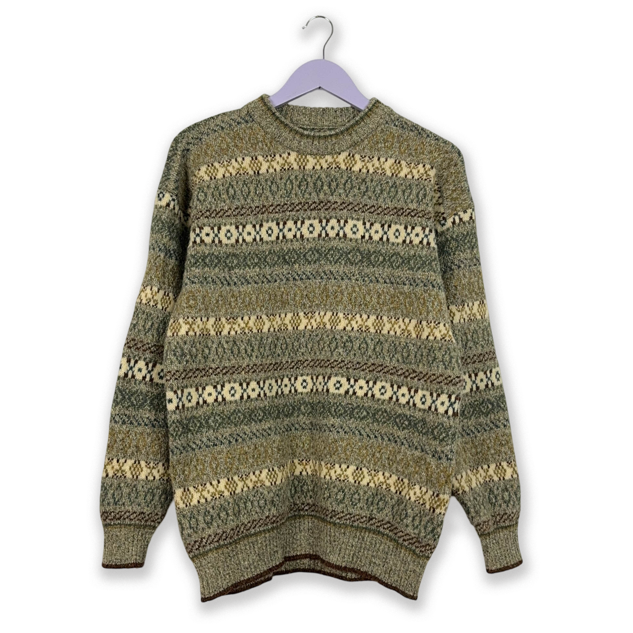 Vintage 100% wool grey geometric pattern crew neck sweater - Size L men