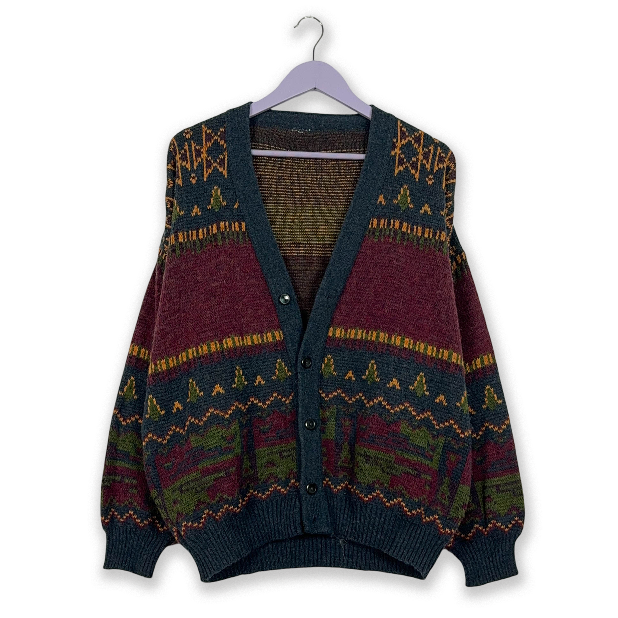 Vintage Cardigan Wool Blend Burgundy Geometric Pattern with Buttons - Size L/XL Men