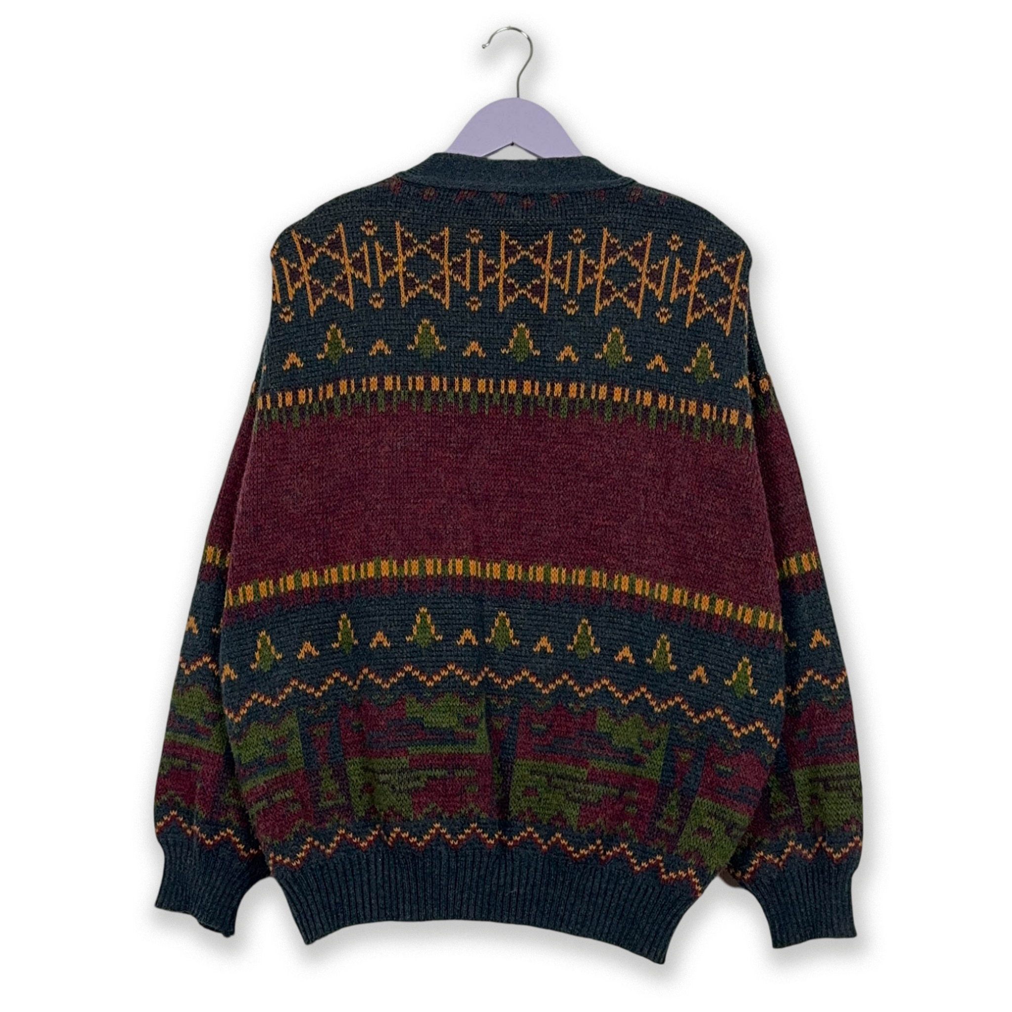 Vintage Cardigan Wool Blend Burgundy Geometric Pattern with Buttons - Size L/XL Men