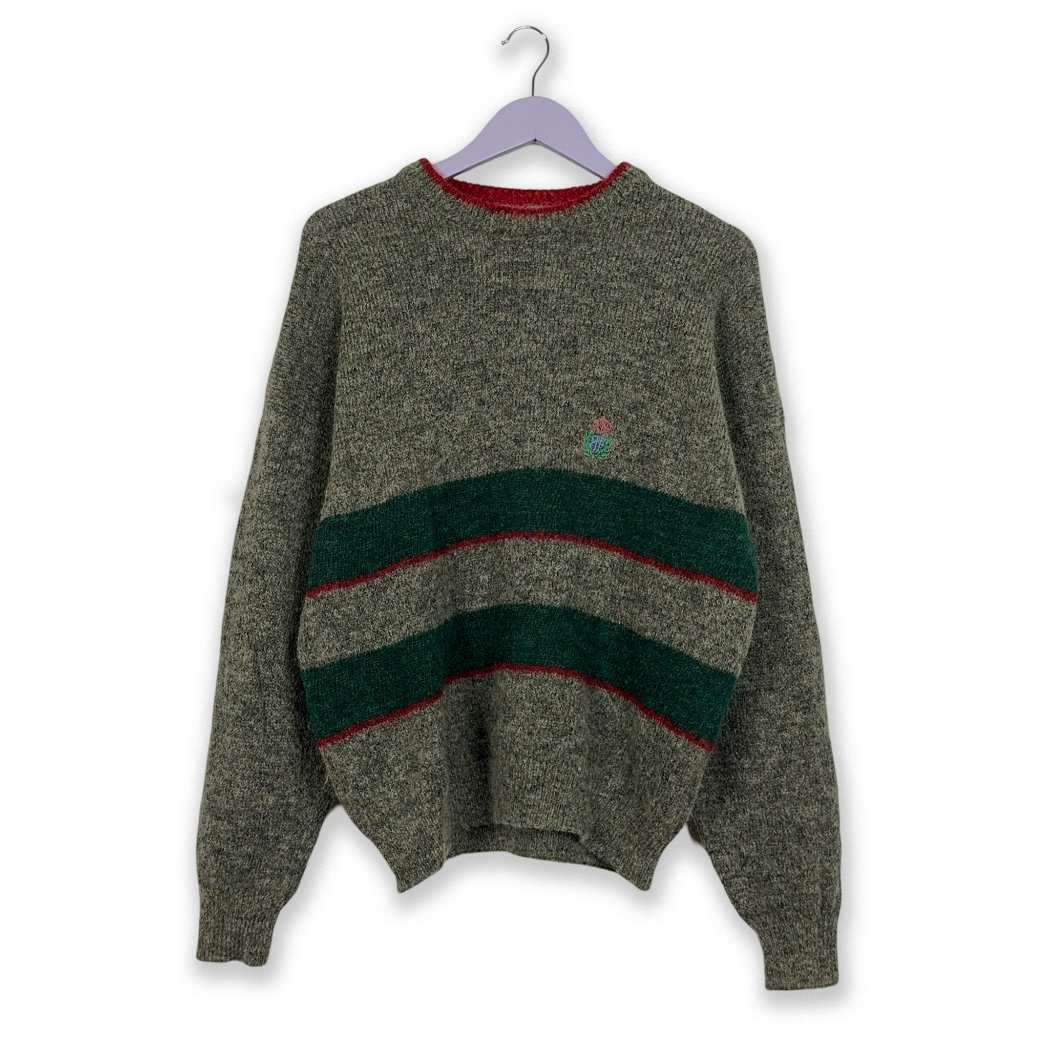 Belfe Vintage 90% wool and mohair grey with green stripes crew neck sweater - Size L men