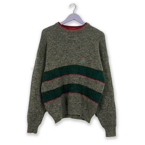 Belfe Vintage 90% wool and mohair grey with green stripes crew neck sweater - Size L men