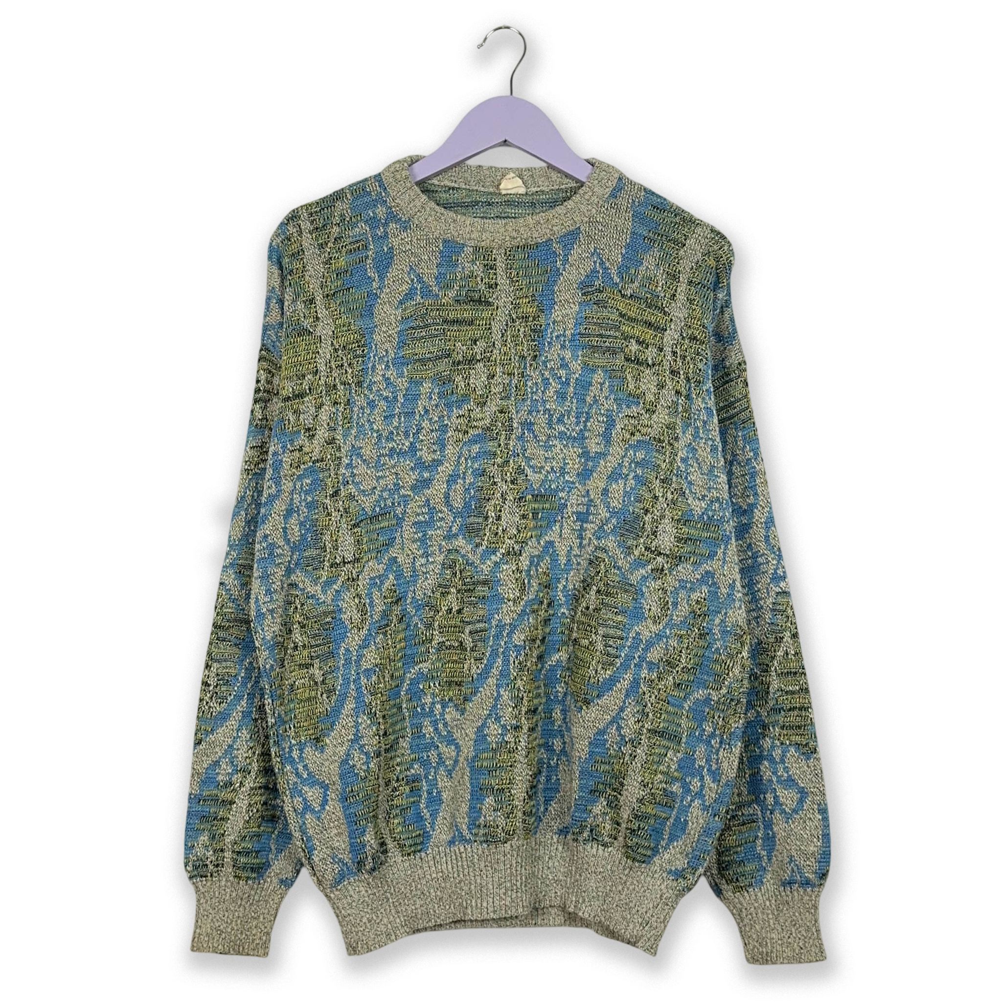 Vintage blue and green patterned crew neck sweater 50% cotton - Size 54 men
