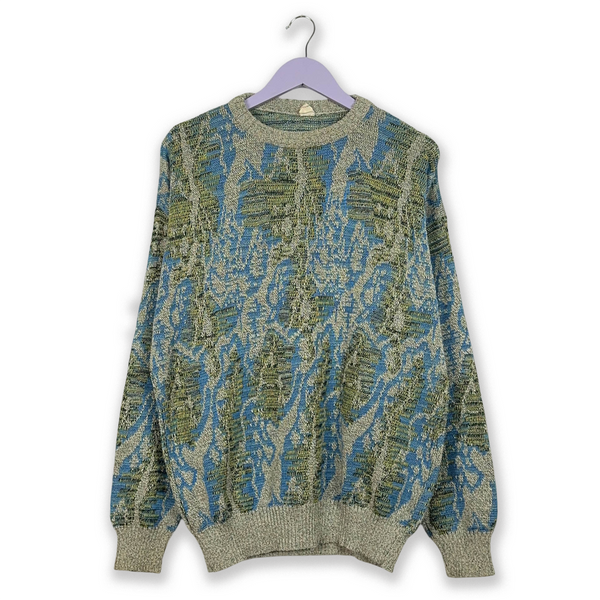 Vintage blue and green patterned crew neck sweater 50% cotton - Size 54 men