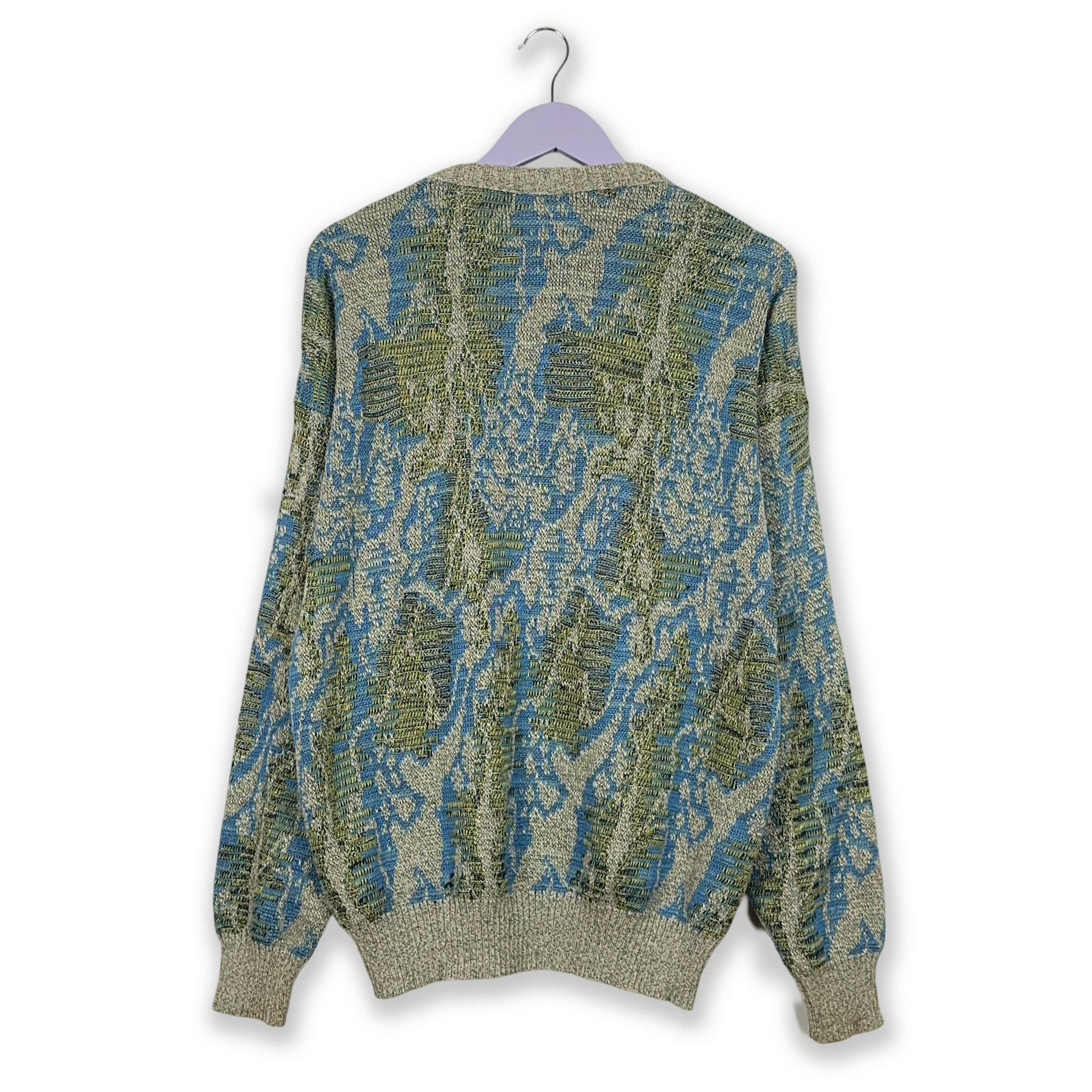 Vintage blue and green patterned crew neck sweater 50% cotton - Size 54 men