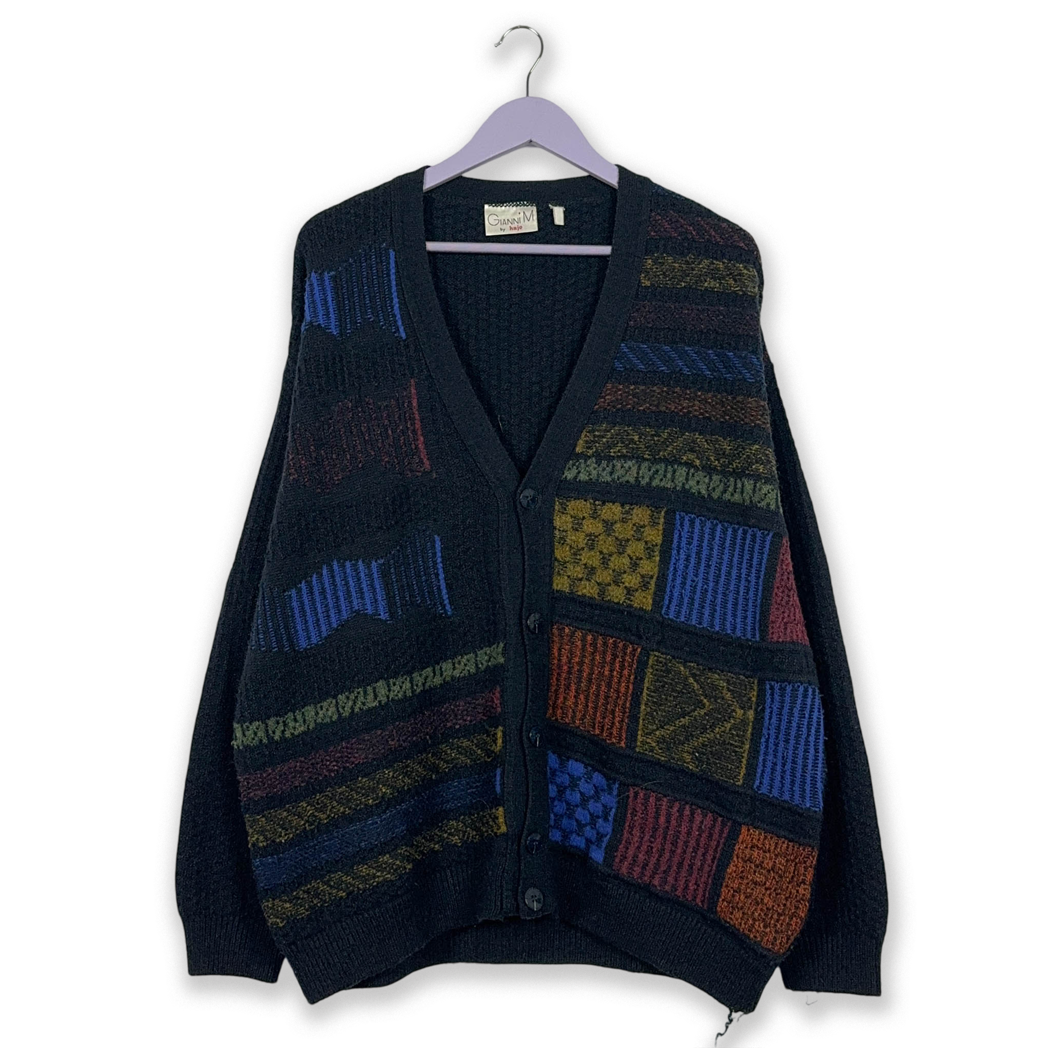 Vintage Blue Geometric Pattern Cardigan 50% Wool with Buttons - Size XL Men