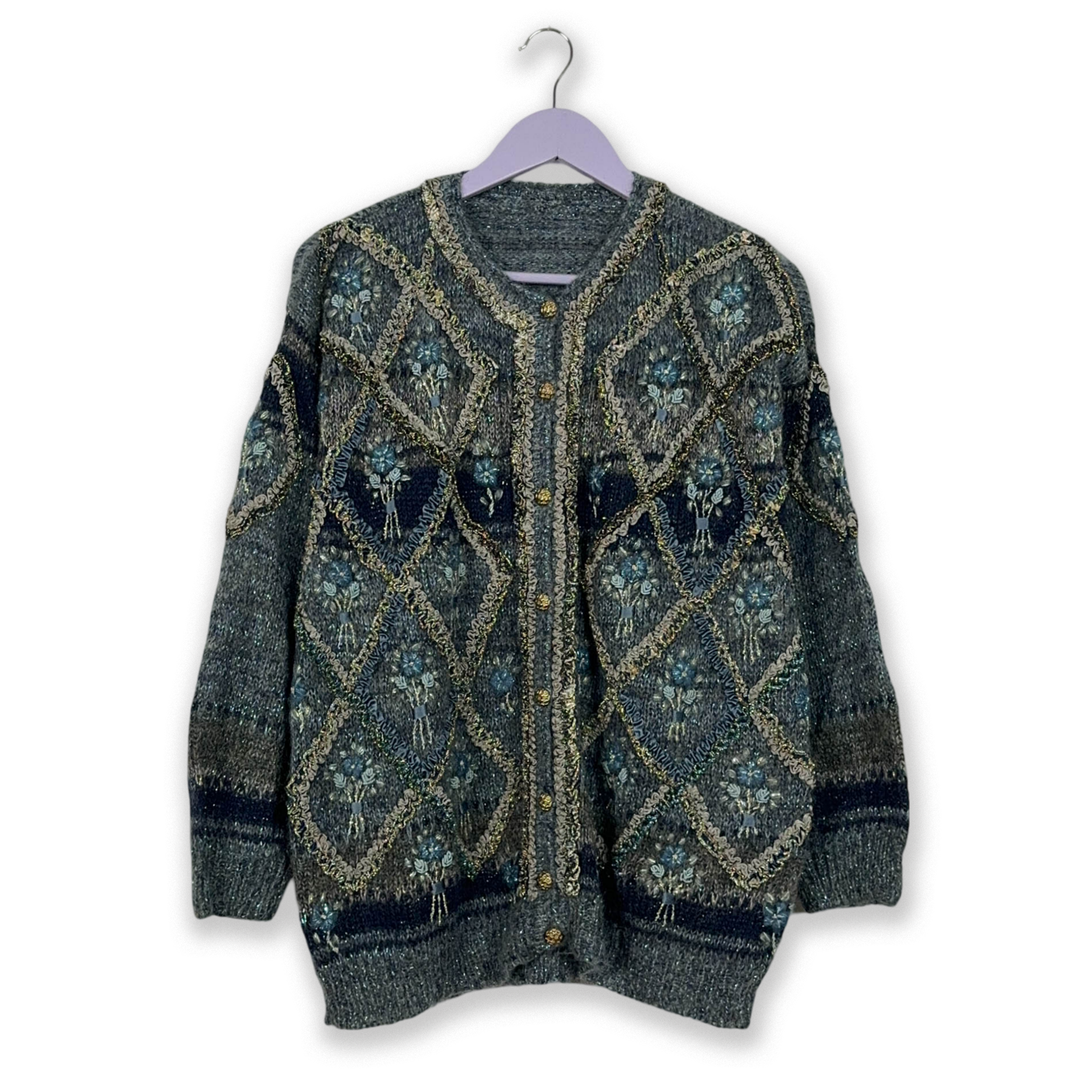 Vintage 100% Wool Handmade Blue Cardigan with Buttons - Size L/XL Women