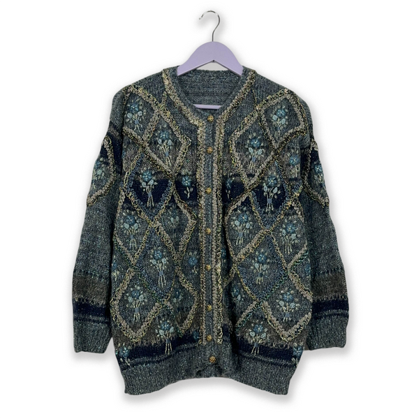 Vintage 100% Wool Handmade Blue Cardigan with Buttons - Size L/XL Women