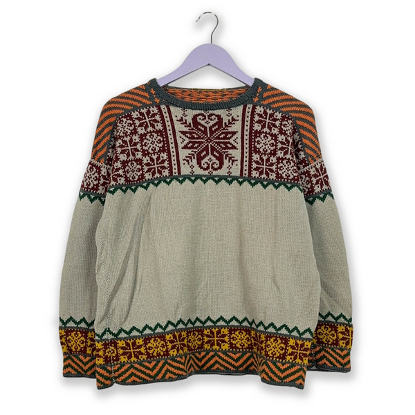 Vintage handmade wool blend grey sweater with colorful pattern and crew neck - Size M men