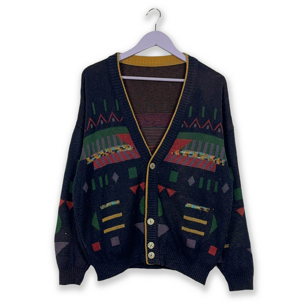 Vintage Blue Cardigan 50% Cotton Geometric Pattern with Buttons - Size M/L Men