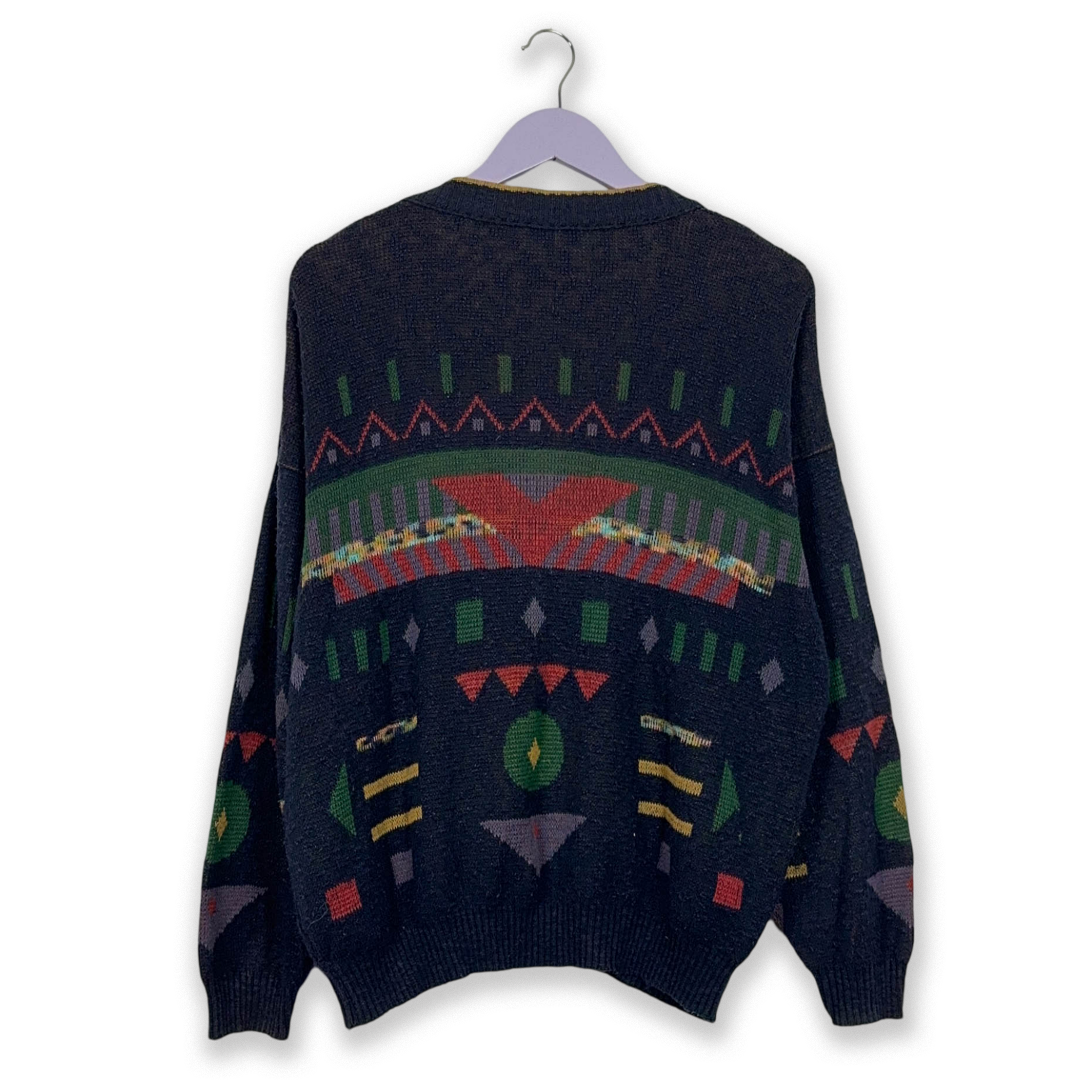 Vintage Blue Cardigan 50% Cotton Geometric Pattern with Buttons - Size M/L Men