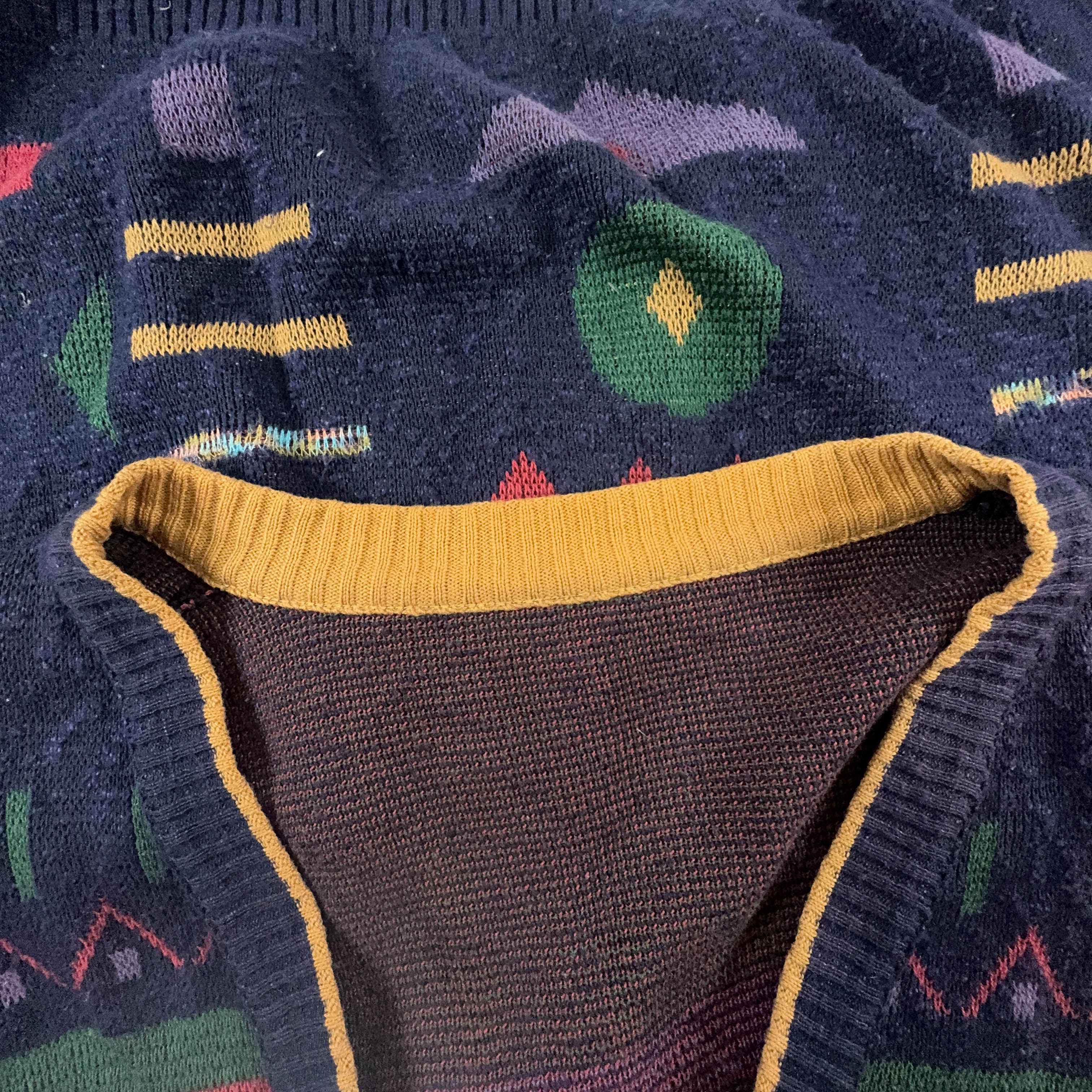 Vintage Blue Cardigan 50% Cotton Geometric Pattern with Buttons - Size M/L Men