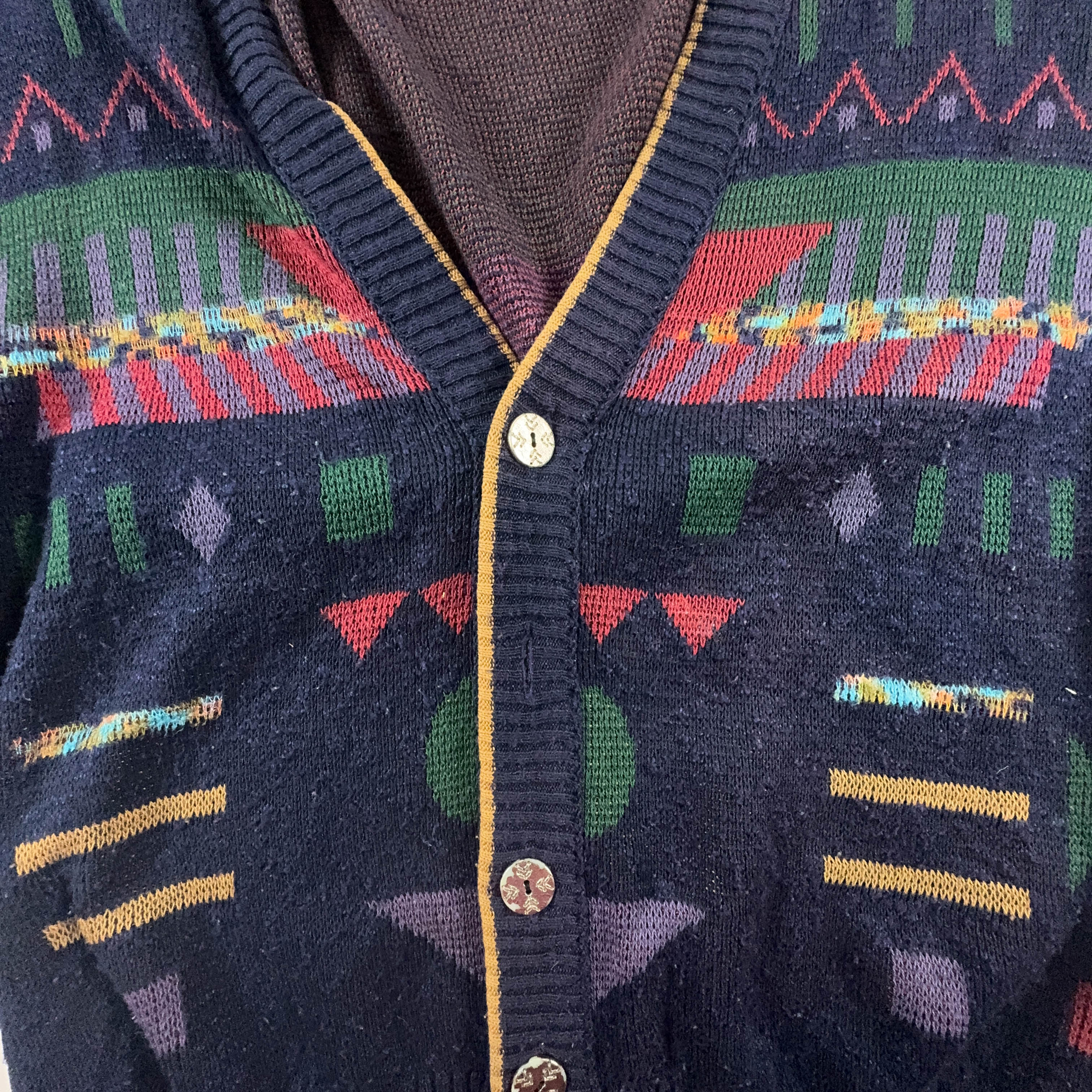 Vintage Blue Cardigan 50% Cotton Geometric Pattern with Buttons - Size M/L Men