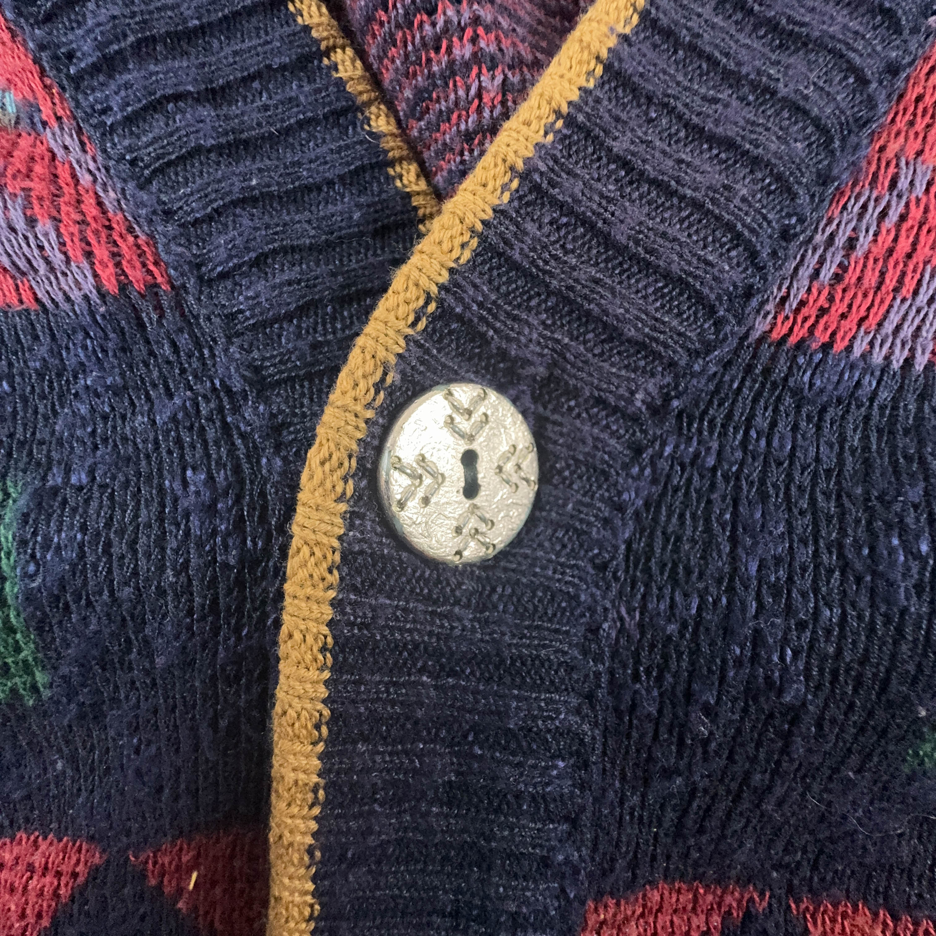 Vintage Blue Cardigan 50% Cotton Geometric Pattern with Buttons - Size M/L Men