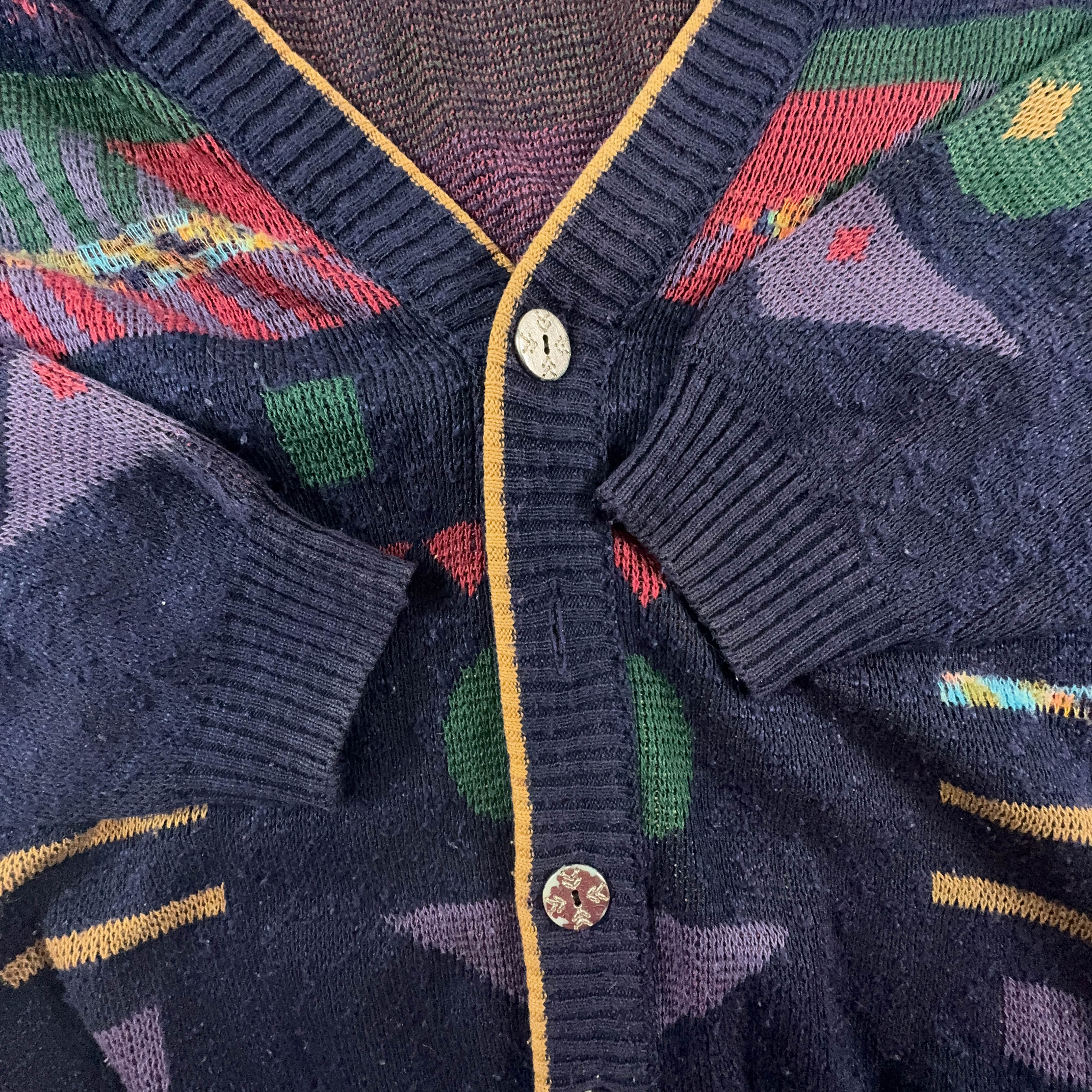 Vintage Blue Cardigan 50% Cotton Geometric Pattern with Buttons - Size M/L Men