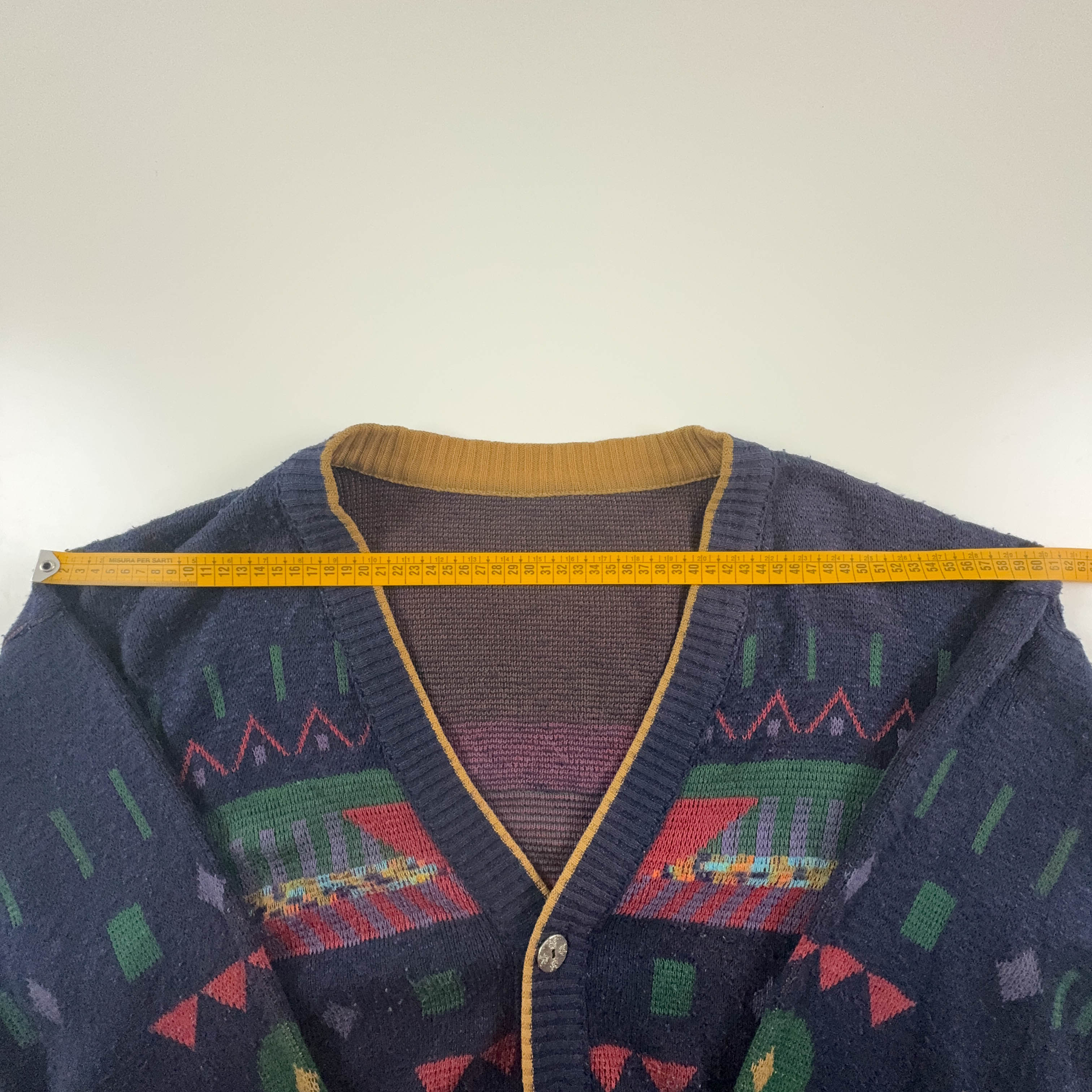 Vintage Blue Cardigan 50% Cotton Geometric Pattern with Buttons - Size M/L Men