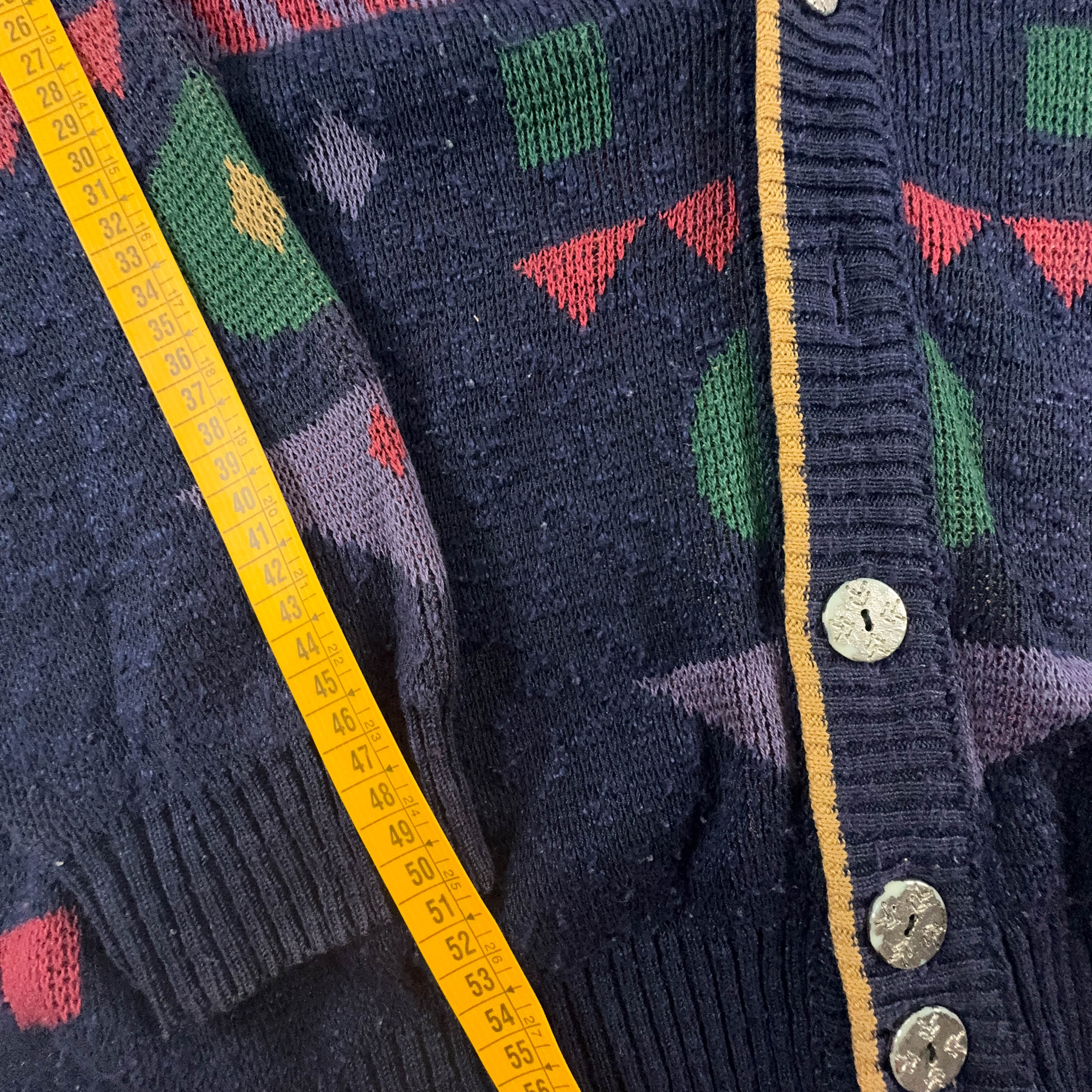 Vintage Blue Cardigan 50% Cotton Geometric Pattern with Buttons - Size M/L Men