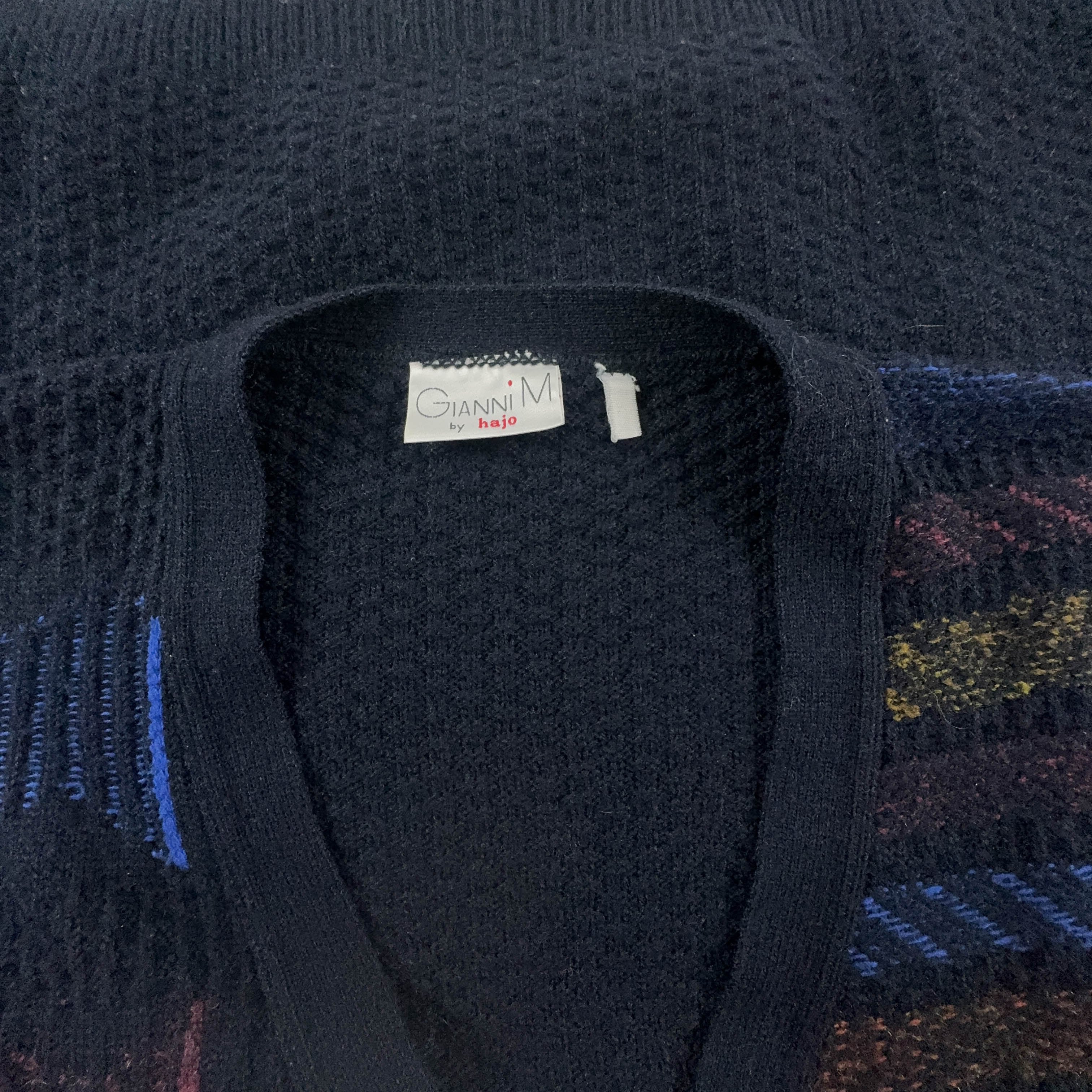 Vintage Blue Geometric Pattern Cardigan 50% Wool with Buttons - Size XL Men