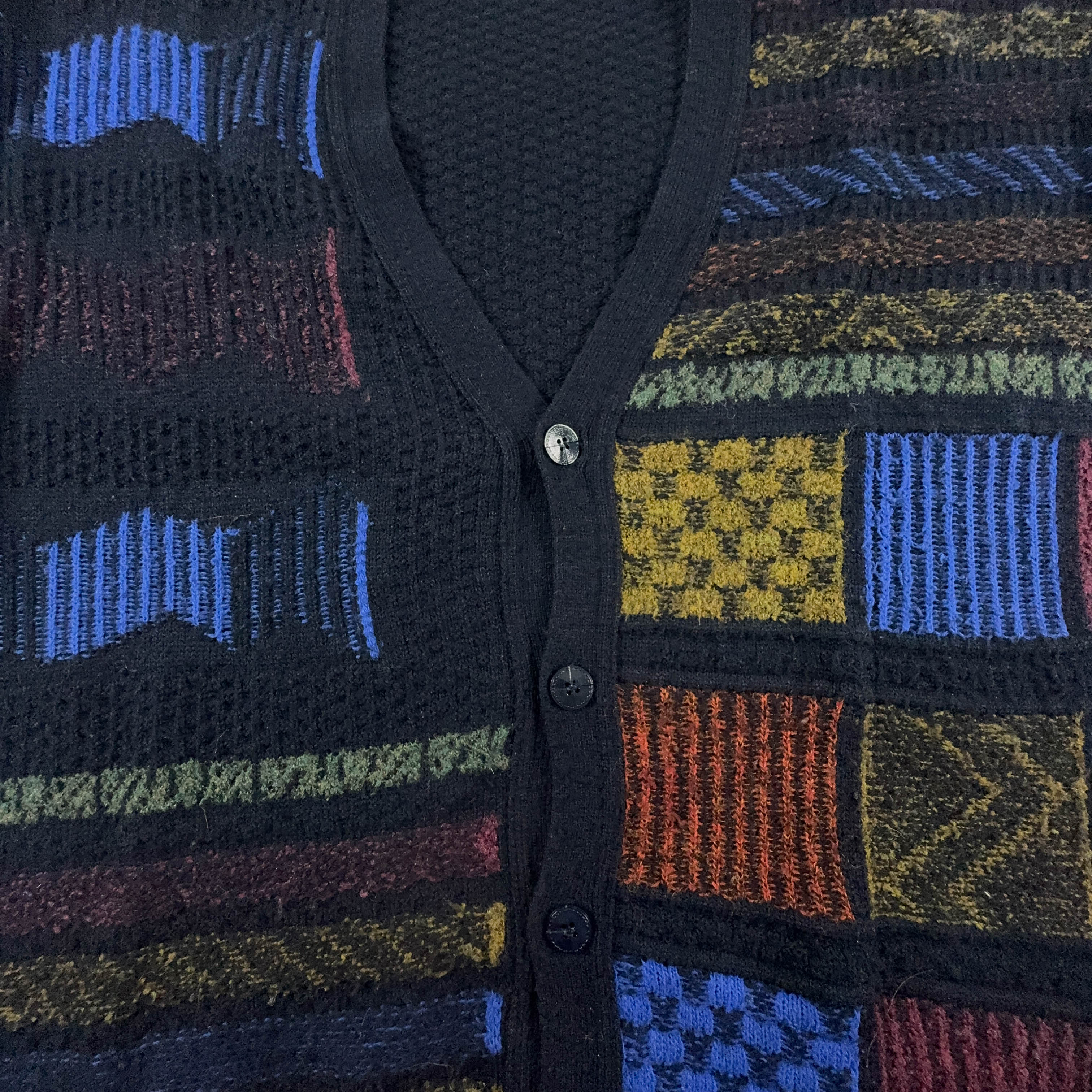 Vintage Blue Geometric Pattern Cardigan 50% Wool with Buttons - Size XL Men
