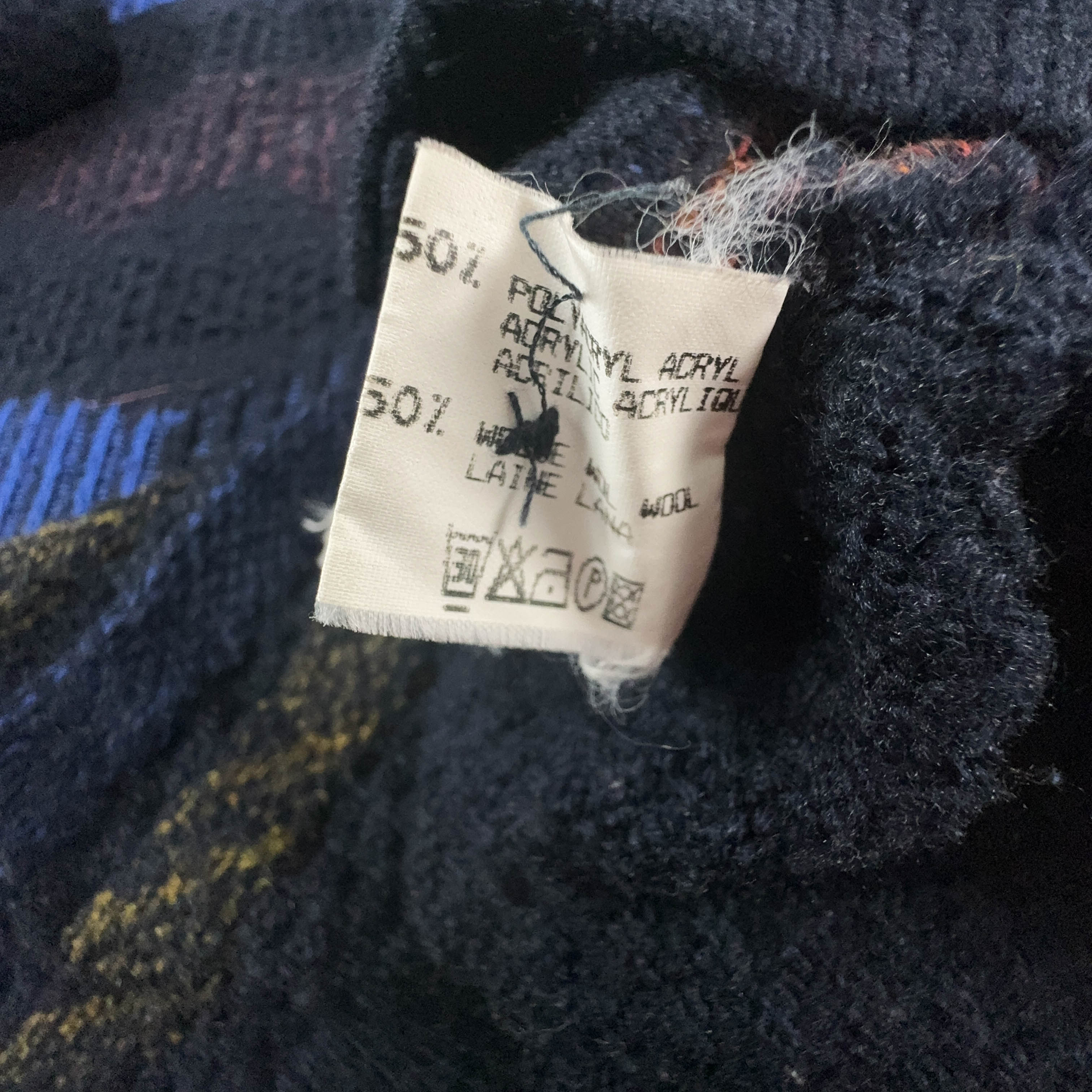 Vintage Blue Geometric Pattern Cardigan 50% Wool with Buttons - Size XL Men