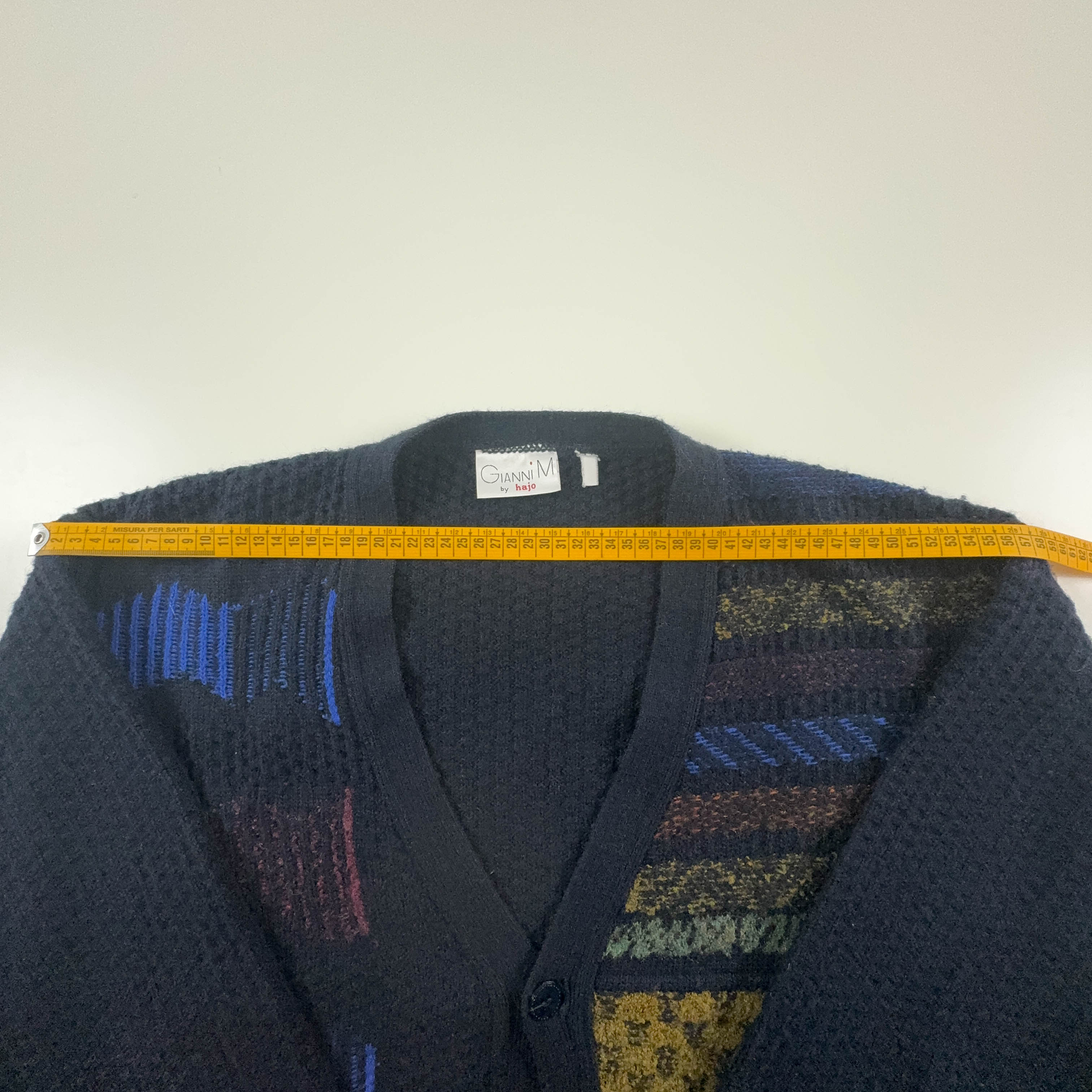 Vintage Blue Geometric Pattern Cardigan 50% Wool with Buttons - Size XL Men