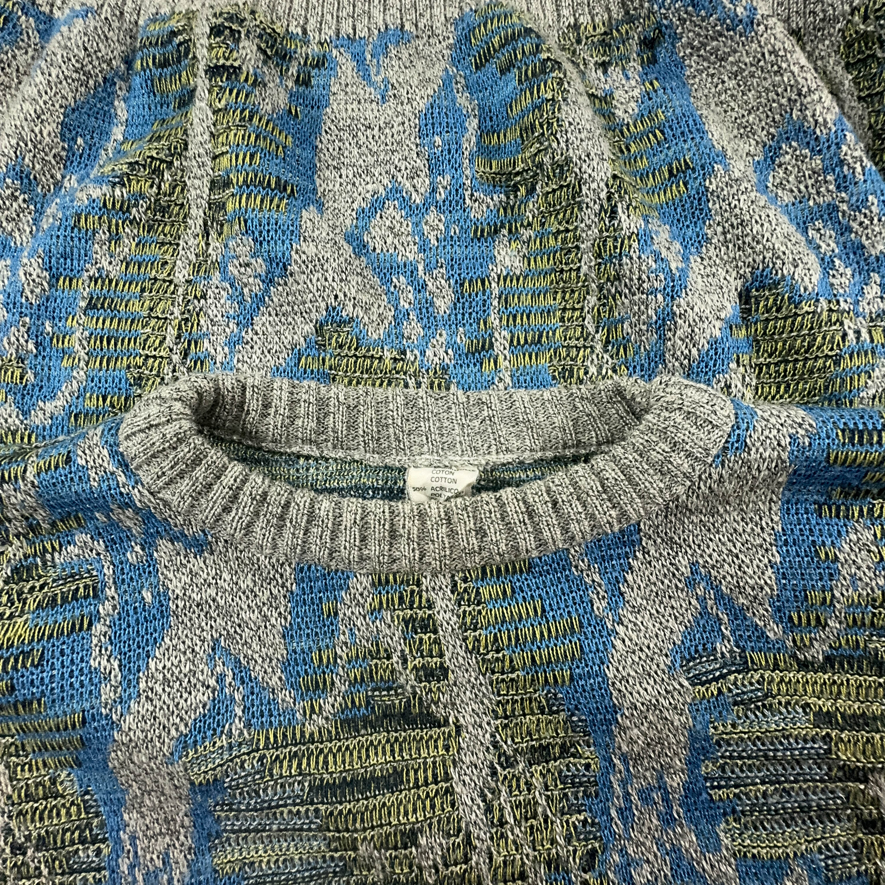 Vintage blue and green patterned crew neck sweater 50% cotton - Size 54 men