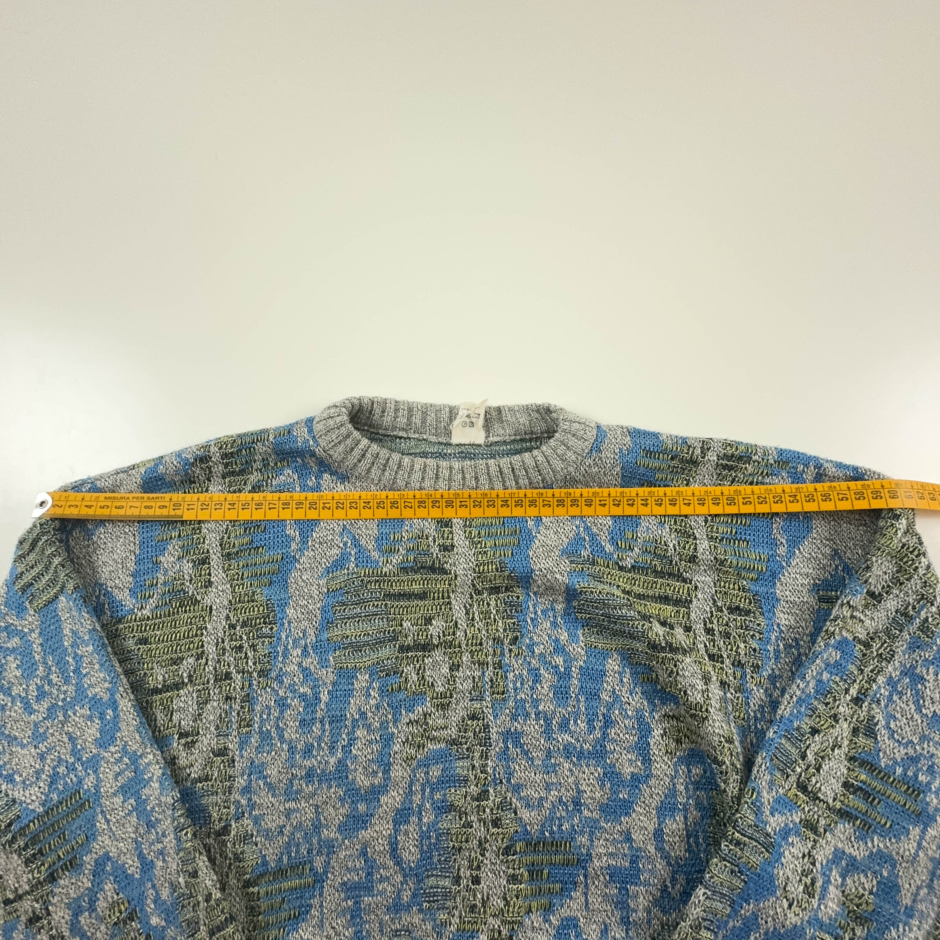 Vintage blue and green patterned crew neck sweater 50% cotton - Size 54 men