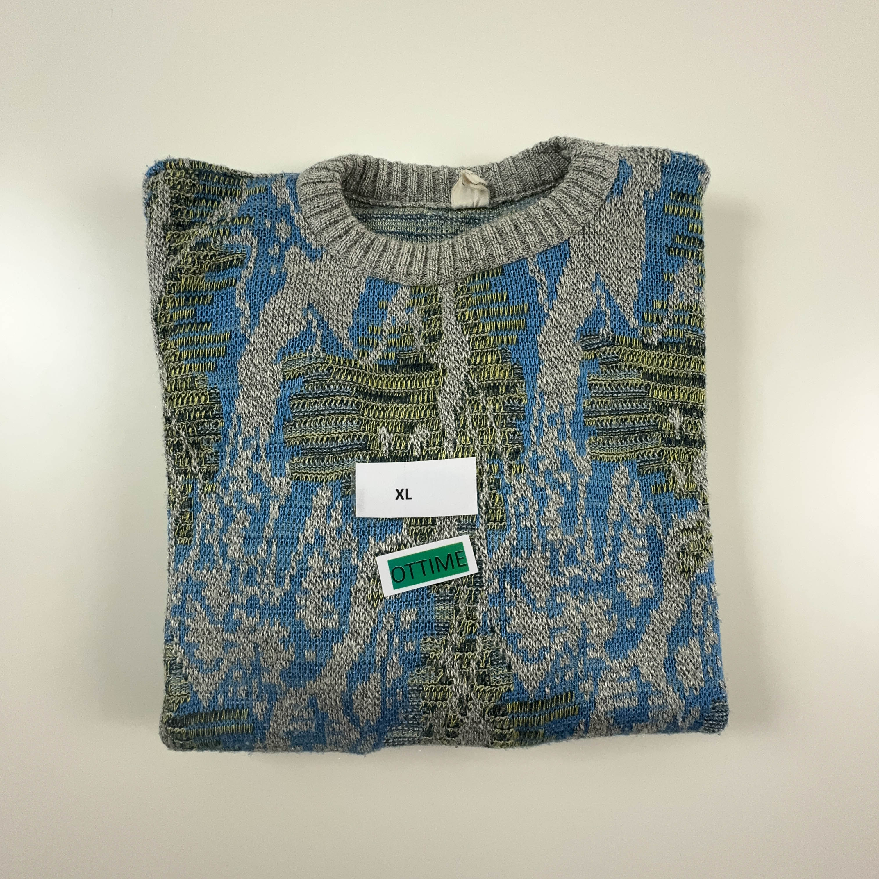 Vintage blue and green patterned crew neck sweater 50% cotton - Size 54 men