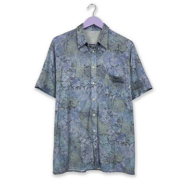 Vintage Blue Shirt with Abstract Pattern - Short Sleeve - Men's Size M/L