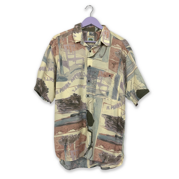 Vintage Beige Multicolor Abstract Pattern Short Sleeve Shirt - Men's Size L