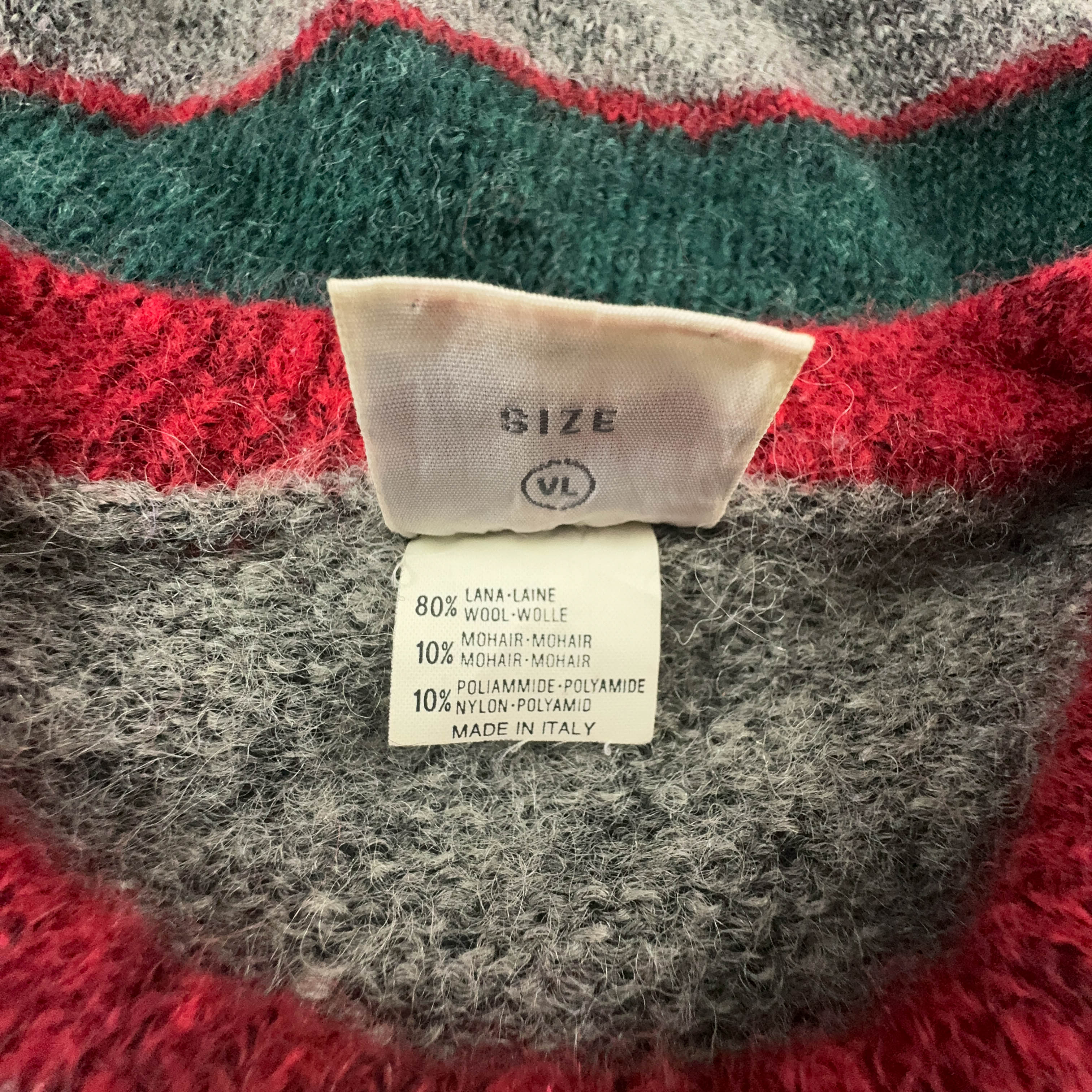 Belfe Vintage 90% wool and mohair grey with green stripes crew neck sweater - Size L men