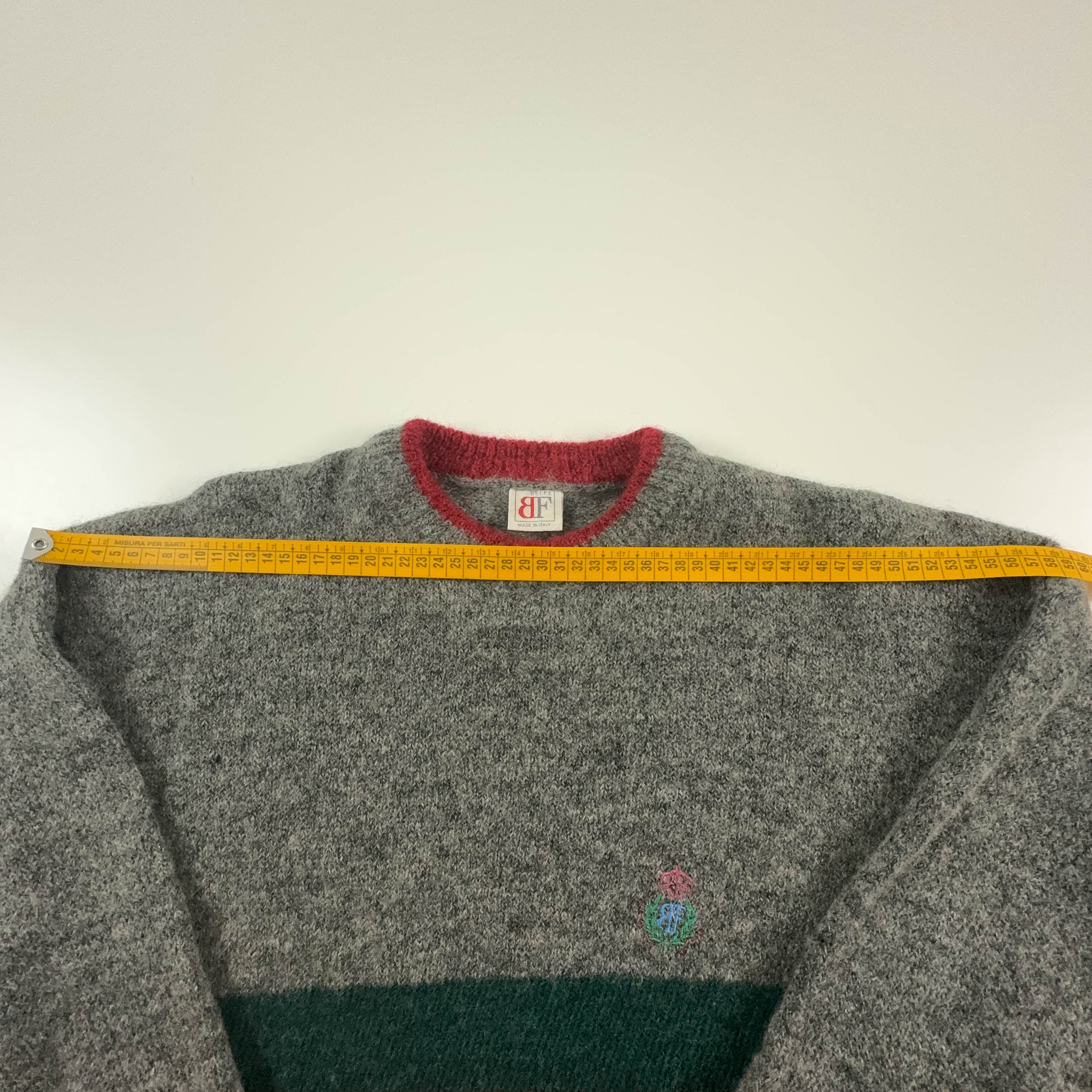 Belfe Vintage 90% wool and mohair grey with green stripes crew neck sweater - Size L men