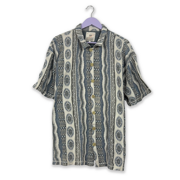 Vintage Blue and White Aztec Abstract Pattern Short Sleeve Shirt - Size XL/XXL Men's