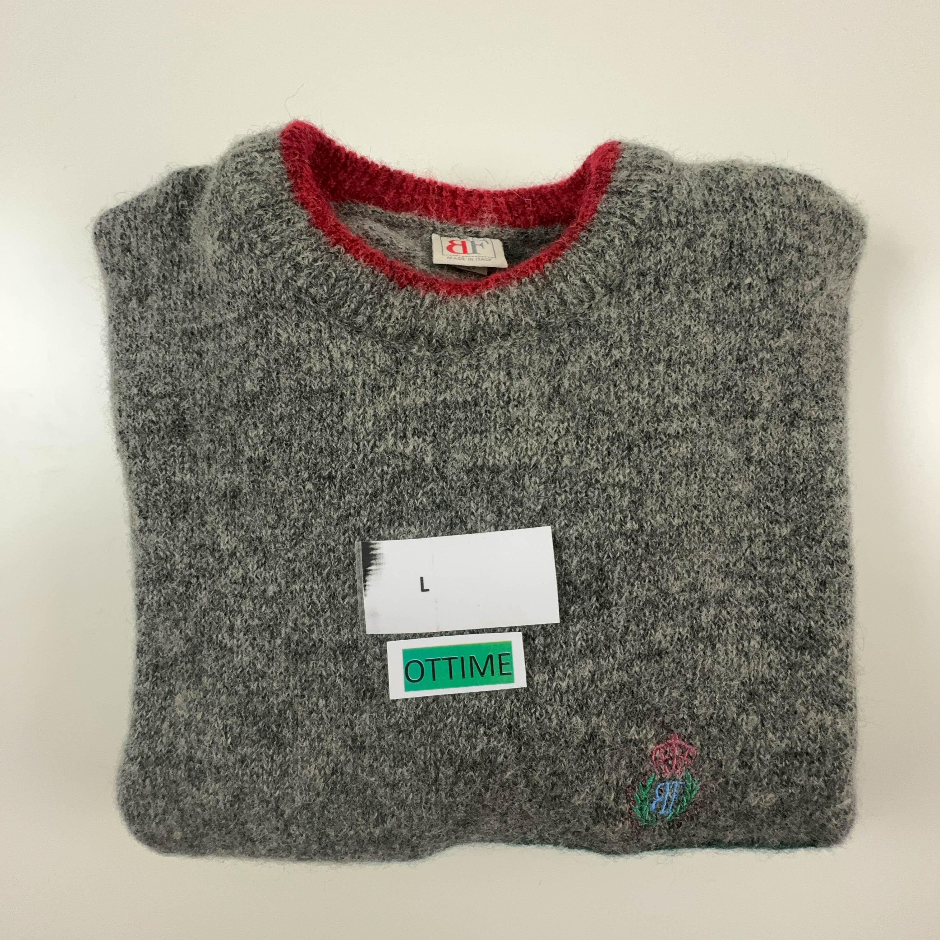 Belfe Vintage 90% wool and mohair grey with green stripes crew neck sweater - Size L men