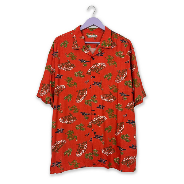 Vintage Red Floral Print Short Sleeve Shirt - Men's Size L/XL