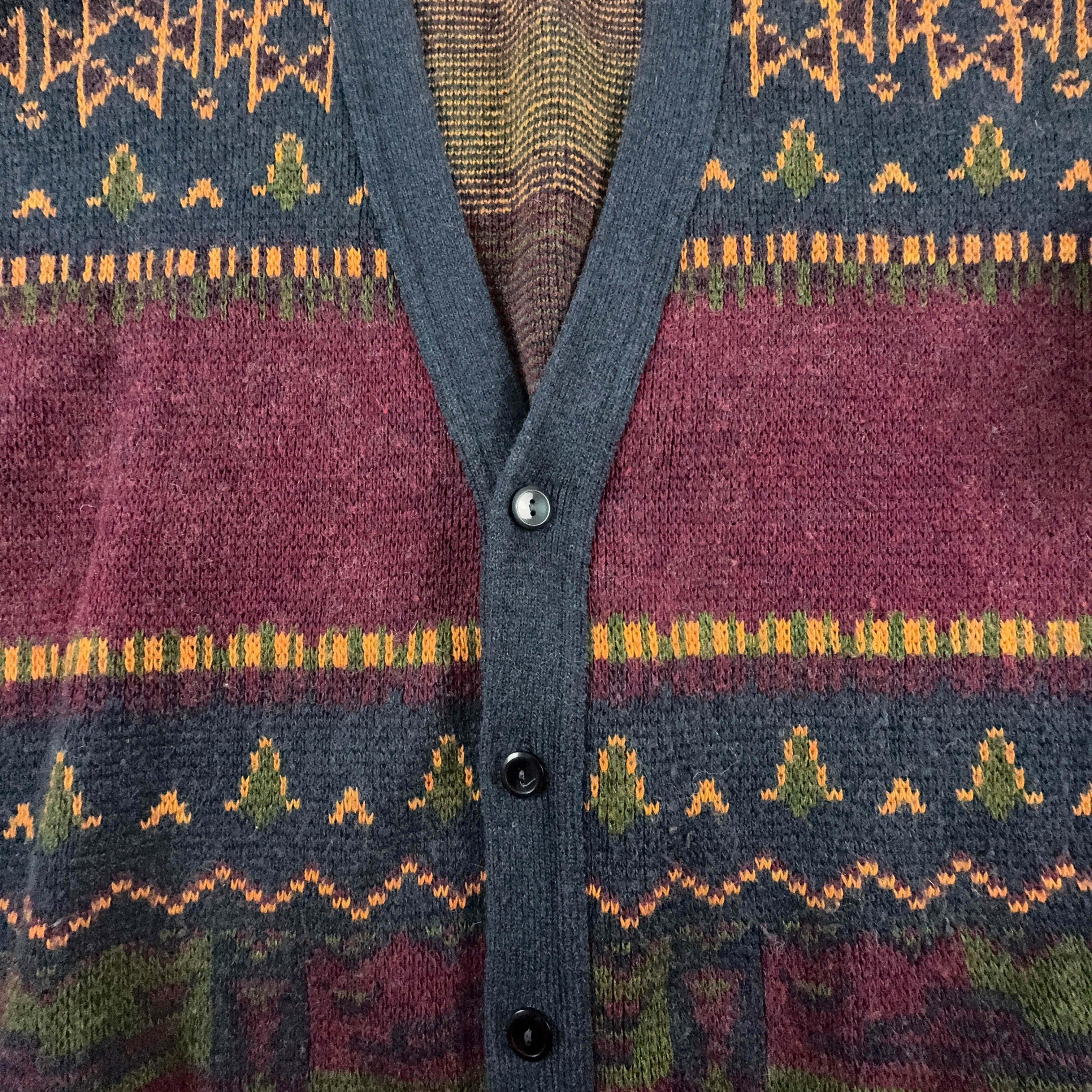 Vintage Cardigan Wool Blend Burgundy Geometric Pattern with Buttons - Size L/XL Men