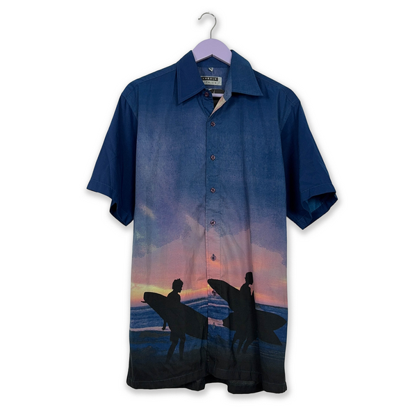 Vintage Blue Shirt with Windsurfing Pattern, Short Sleeve - Size M 39 40 Men
