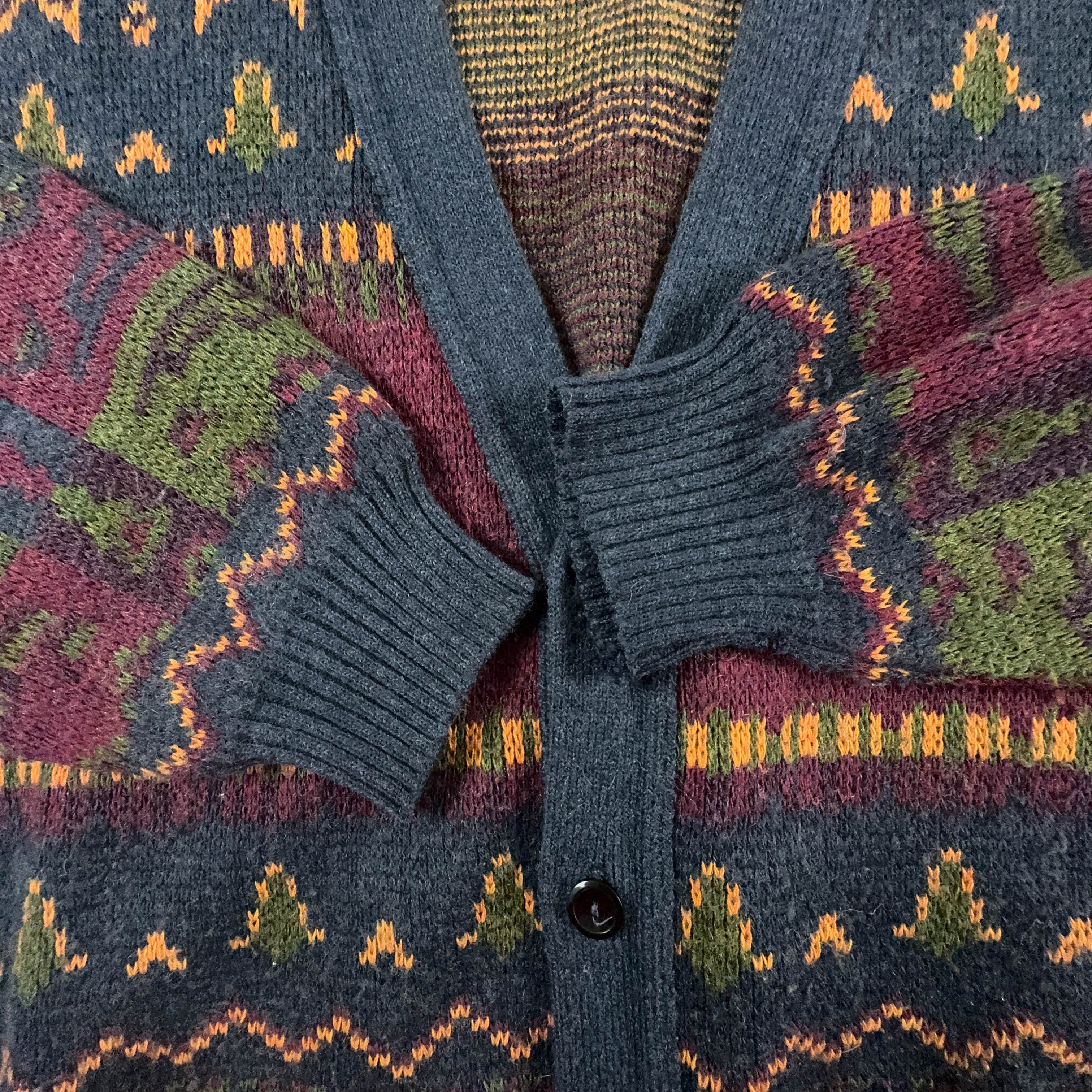 Vintage Cardigan Wool Blend Burgundy Geometric Pattern with Buttons - Size L/XL Men